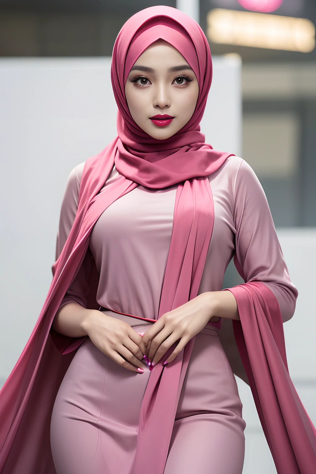Design a striking advertisement where a Malay girl in hijab confidently showcases a vibrant range of lipsticks, each shade symbolizing a different facet of her personality and style, empowering viewers to embrace self-expression through makeup