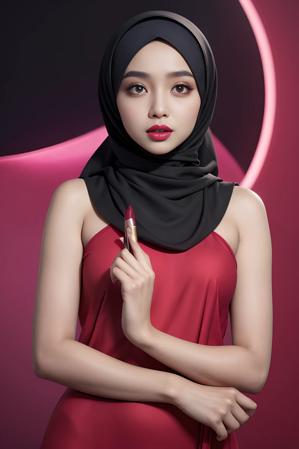 Design a striking advertisement where a Malay girl in hijab confidently showcases a vibrant range of lipsticks, each shade symbolizing a different facet of her personality and style, empowering viewers to embrace self-expression through makeup