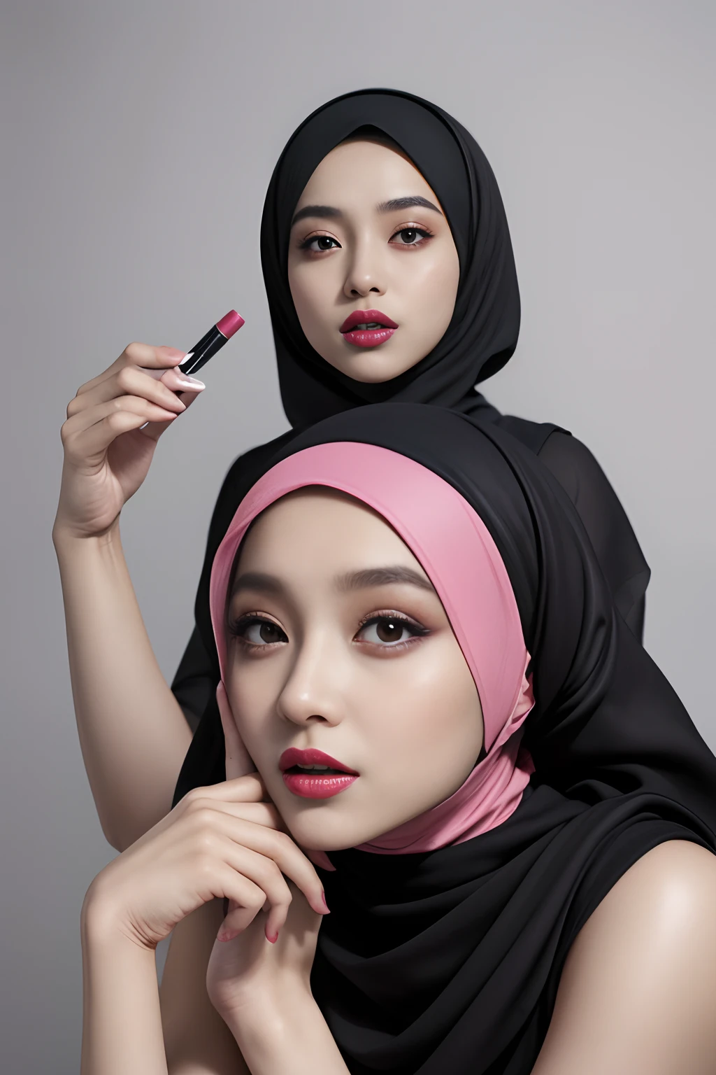 Design a striking advertisement where a Malay girl in hijab confidently showcases a vibrant range of lipsticks, each shade symbolizing a different facet of her personality and style, empowering viewers to embrace self-expression through makeup