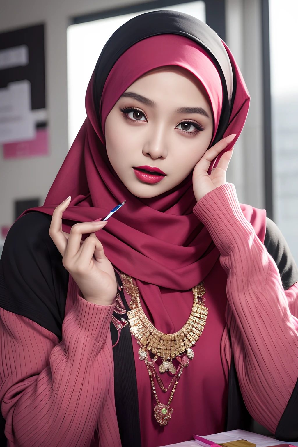 Design a striking advertisement where a Malay girl in hijab confidently showcases a vibrant range of lipsticks, each shade symbolizing a different facet of her personality and style, empowering viewers to embrace self-expression through makeup
