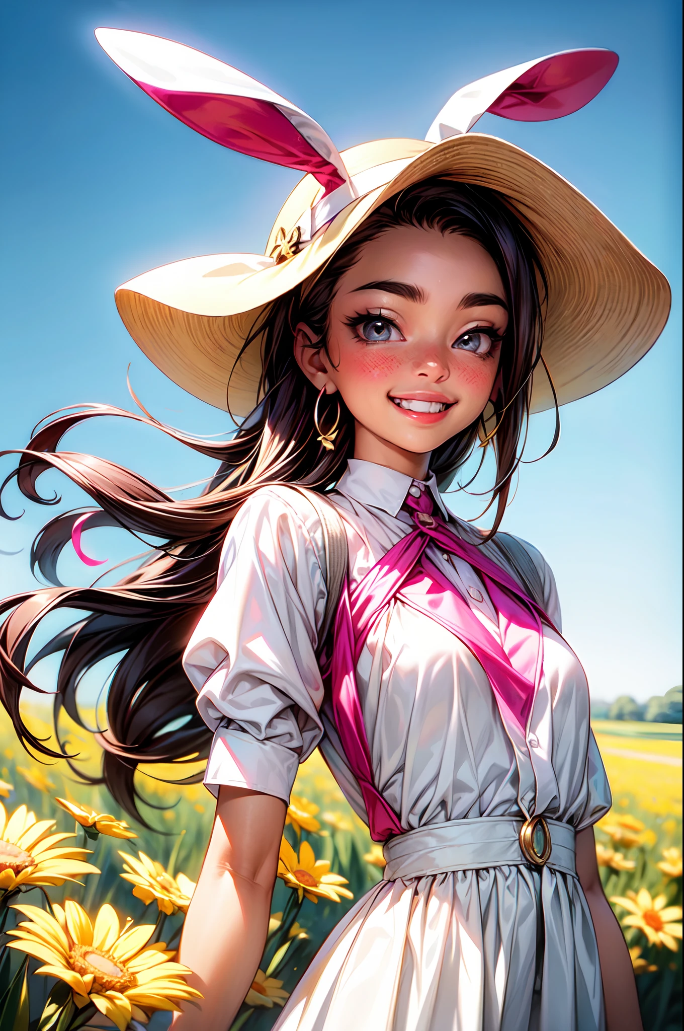 agregar_detalle:1,PsyAI, La mejor calidad, hermoso brillo detallado, ambient-occlusion, Luz ambiental, Reflejos trazados por rayos, Aura brillante, una feliz, A smiling 18-year-old brown-skinned girl running alongside a white rabbit across the prairie on a sunny day with the wind blowing, Short two-part dress with warm colored floral motifs and colorful flying flowers found throughout the meadow, muy colorido.