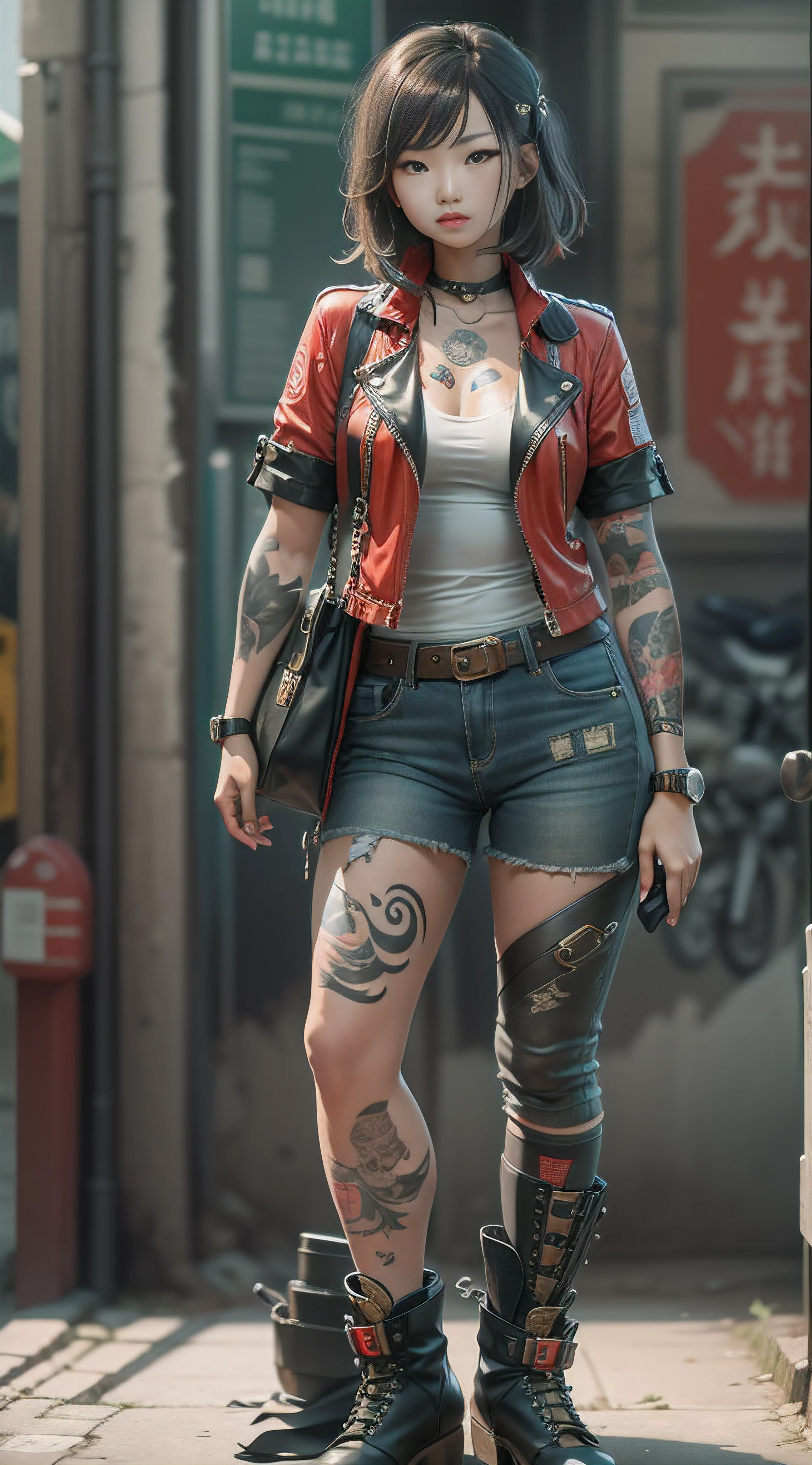 Beautiful Chinese girl with tattoos and motorcycle style boots standing in street view