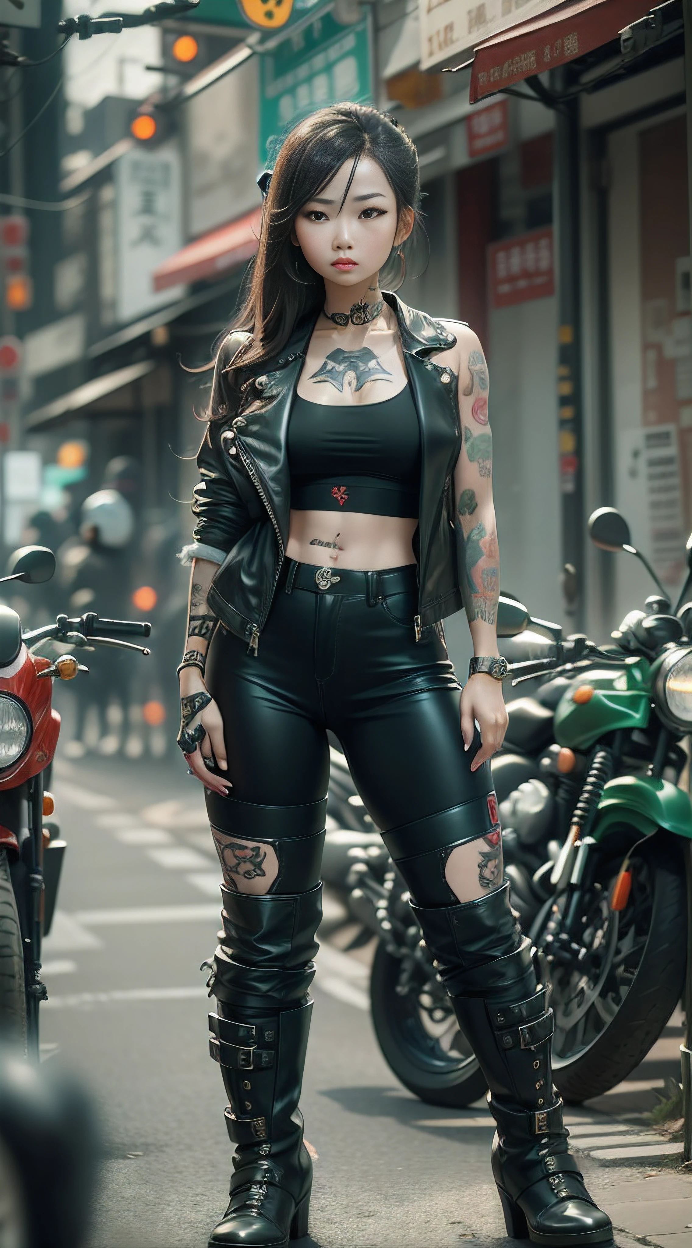 Beautiful Chinese girl with tattoos and motorcycle style boots standing in street view