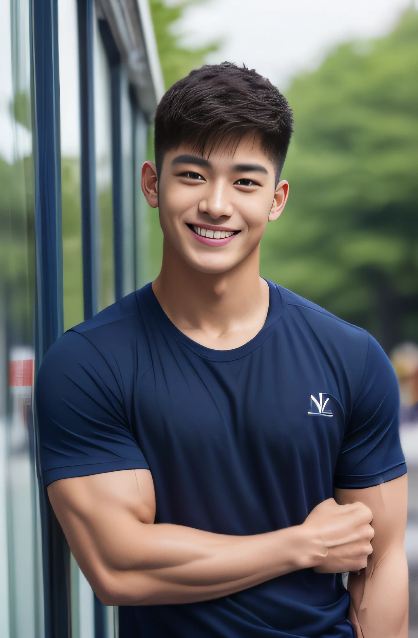 A handsome men ,20 age , Short Hair Hair, korea , Student，(((Wear a navy T-shirt without stripes...................))),  front-view, smile ,Pectoral muscles, Wide shoulders ,athlete , Upper body (1),  It's raining: 1.3, road: 1.2, body dripping wet: 1.1,