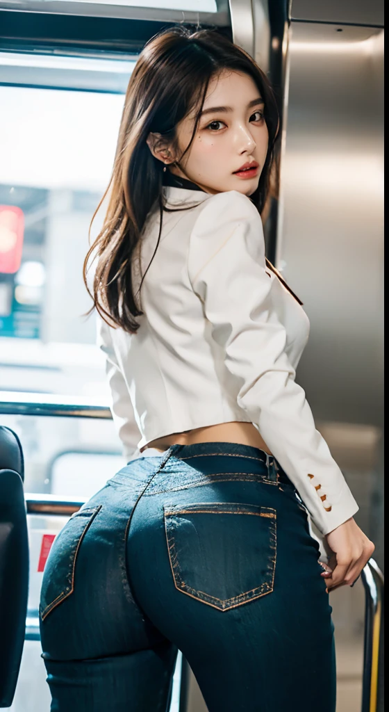 Ultra photo realsisim), Ultra-clear image quality,(Ultra detailed),(Delicate facial features),(Eye for details),In a subway car,A woman grabs a handrail,Light-colored skinny jeans,sweat leggs,The skin is delicate and smooth,Random fashion lingerie,Cropped jacket,beautiful decollete,鎖骨,The body is superlative,Medium chest,The buttocks are round and full,Raised sexy,Third Person View,fully body photo,focus person,(Stand sideways)