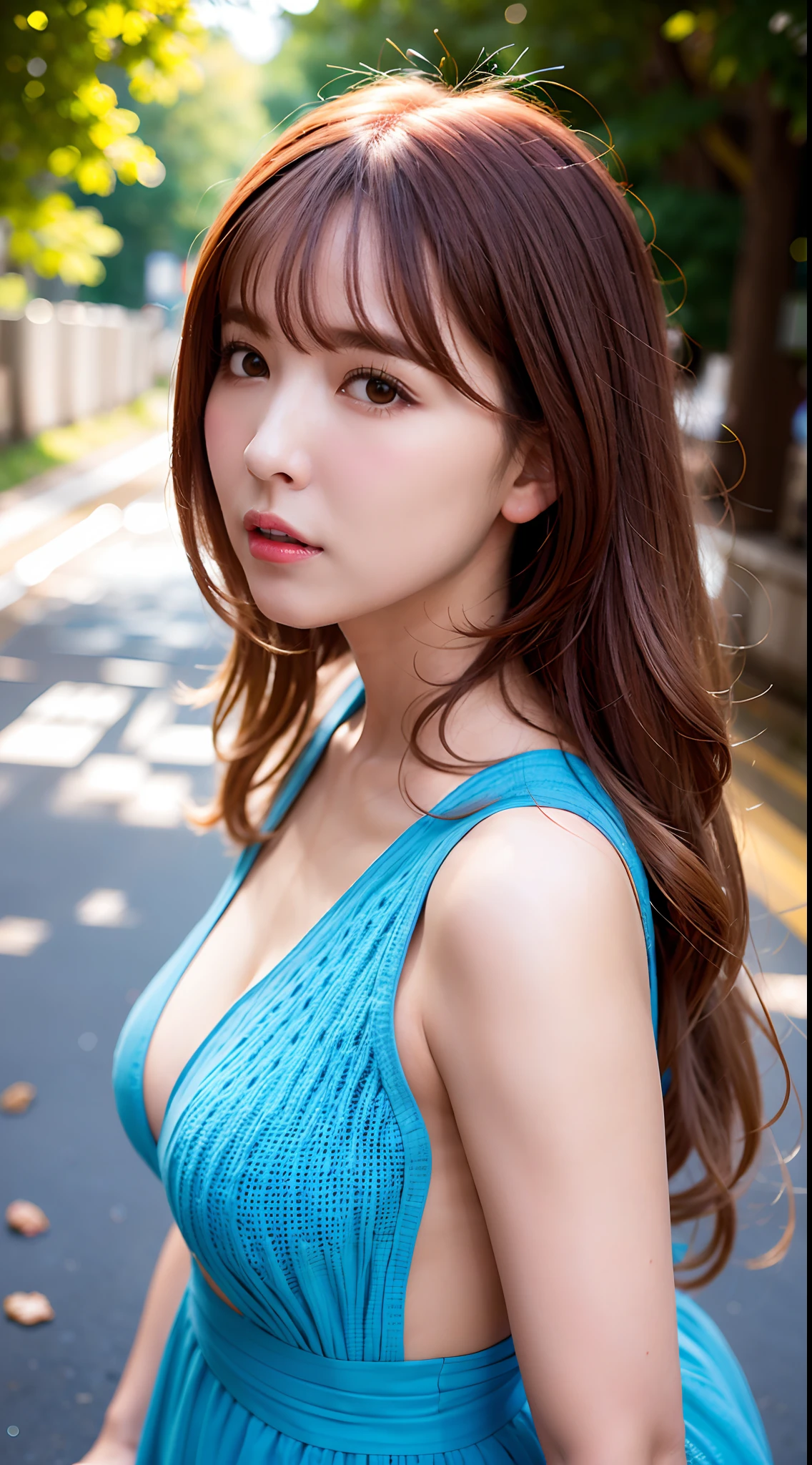 iulora, 1girll, 独奏, realisticlying, best qualtiy, nikon RAW photo,8 k'',富士XT3,tmasterpiece,超高分辨率,hdr,8K,A high resolution,(realisticlying:1.4),(Realistic damp skin:1.2),(22yo:1.3),Detailed eyes,long whitr hair,(light-blonde hair:1),Close-up portrait,Small face,Qi bangs,Look at the lens at a 45-degree angle from the side of the face,Stand on the streets of Tokyo,Street depth of field,Background with,Cinematic lighting effects,Gigantic big tits:1.2,dress:1.1,shyexpression ,Raised sexy,Lovely,is shy:1.4,japanes