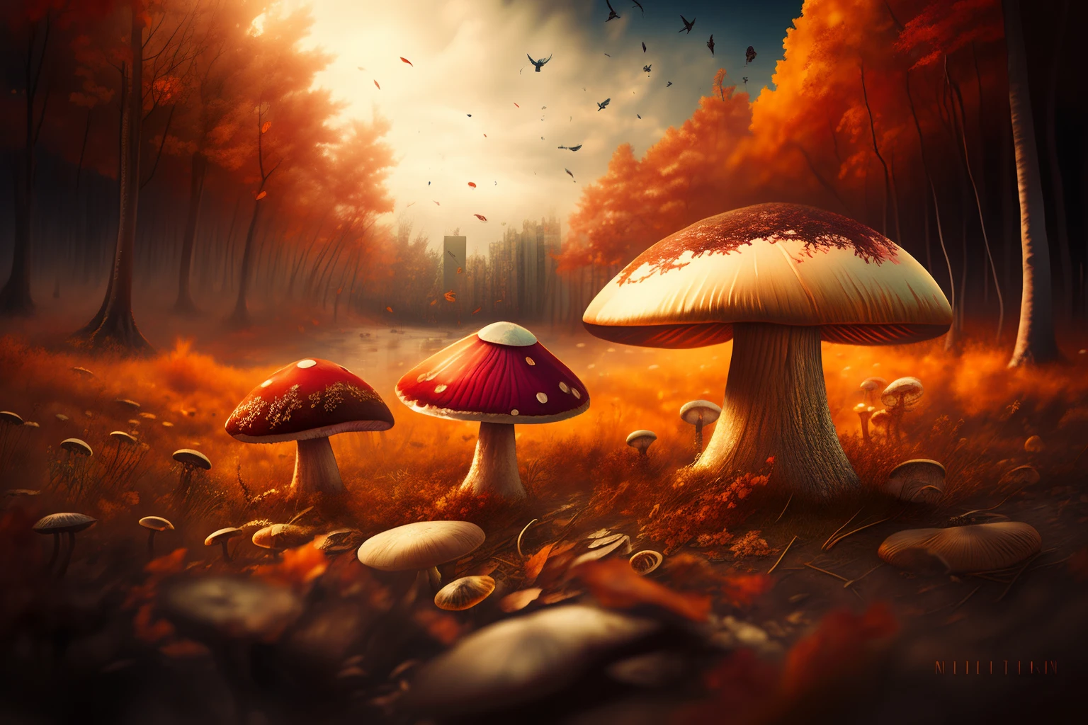 dreamlikeart, hallucination, autumn, city, numberless colorful mushrooms, post apocalypse