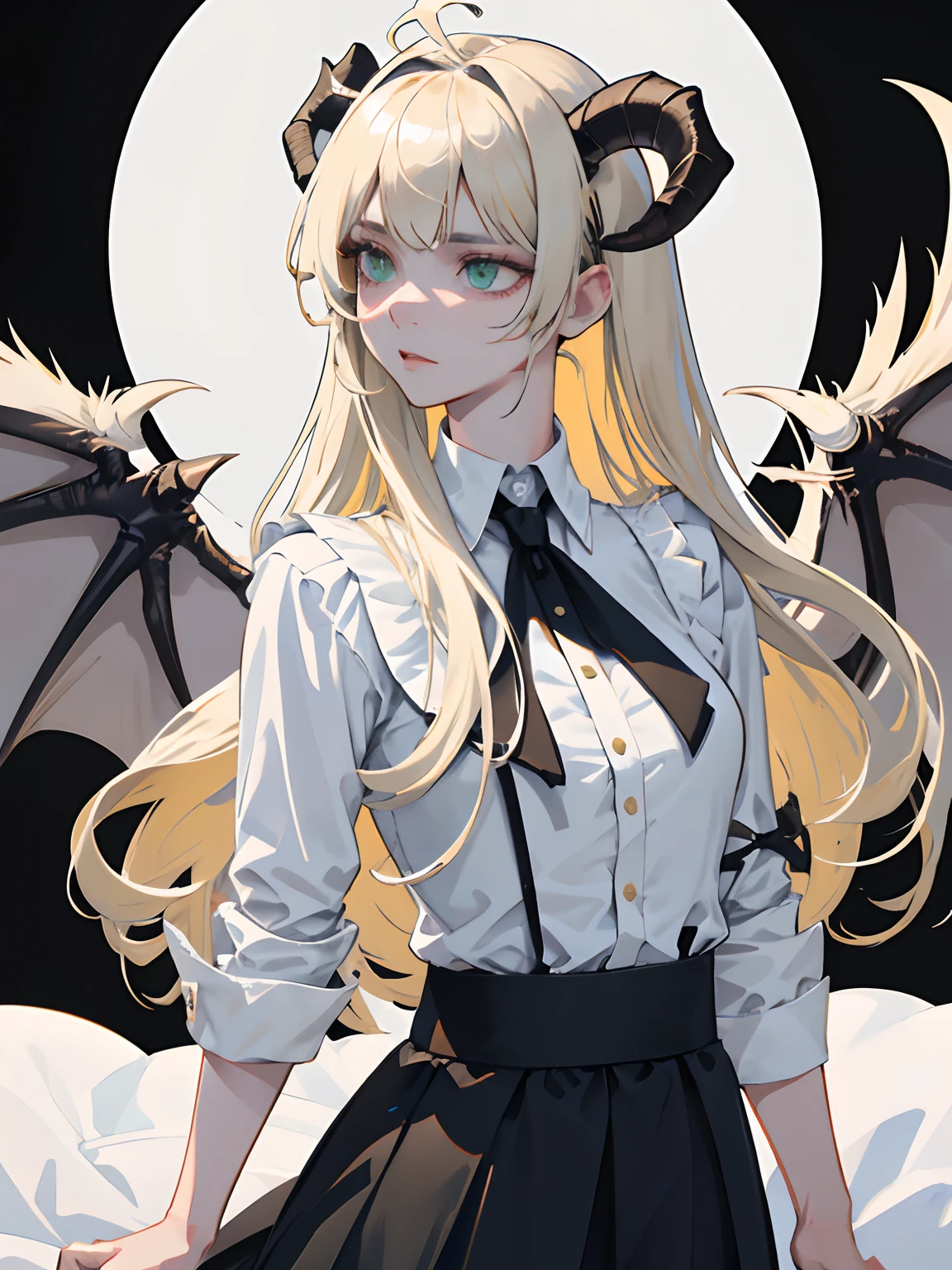 ((masterpiece, best quality)), (1girl), (solo), (female focus), (ahoge, ash blonde hair, long hair), green eyes, ((white shirt), (buttoned shirt)), ((black skirt), (short skirt)), standing, white background, arms behind back, bat wings on the waist, sheep horns, sad eyes, cold facial expression, cold look, dark long tight clothes, pale skin, colour grading, dark illustration, extreme quality, radiant, extremely detailed, ultra-detailed face, ultra hd 8k, ultra digitality, mythical, dark lightning