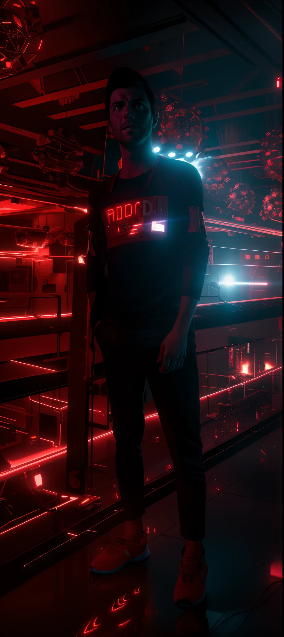 Sci Fi Horror Dead Space David Giuntoli on Ishimura Haunted Space Ship, electronic circuits hanging loose in background dark red lighting, high contrast, shiny skin, backlighting, chromatic aberration, sharp focus, photography, natural light, photorealism, cinematic rendering, ray tracing, the highest quality, the highest detail, Cinematic, Third-Person View, Blur Effect, Long Exposure, 8K, Ultra-HD, Natural Lighting, Moody Lighting, Cinematic Lighting