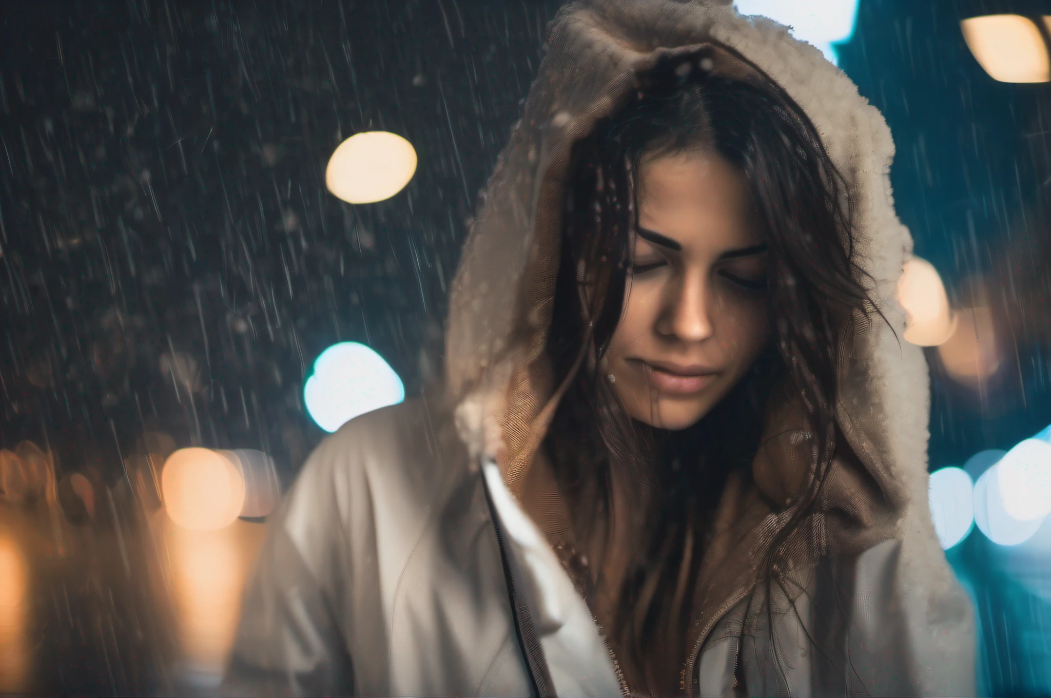 ((((looking camera)))) Foto de cuerpo completo de Mujer sexy con enormes alas sentada en las calles con humo y niebla, en llamas bajo la lluvia torrencial de la noche, Al otro lado de la ciudad, iluminada por las luces de la ciudad y con todo su cuerpo mojado. feeling cold. Captura la intensidad de la lluvia que cae sobre la mujer mientras corre. Focus on the woman's facial expression, Showing determination despite the rain. Crea un contraste entre la oscuridad de la noche y las luces de la ciudad que la rodean. Make sure the woman's white T-shirt is soaked and stuck to her body. Use lighting techniques to highlight raindrops in the air and on women's clothing. Make wet streets reflect city lights to create a cinematic atmosphere. The perspective should be from a low angle to emphasize women's vulnerability in the rain... Add flare to city lights to create a bokeh effect in the background. Use cool colors and blue tones to convey the feeling of cold in the image.