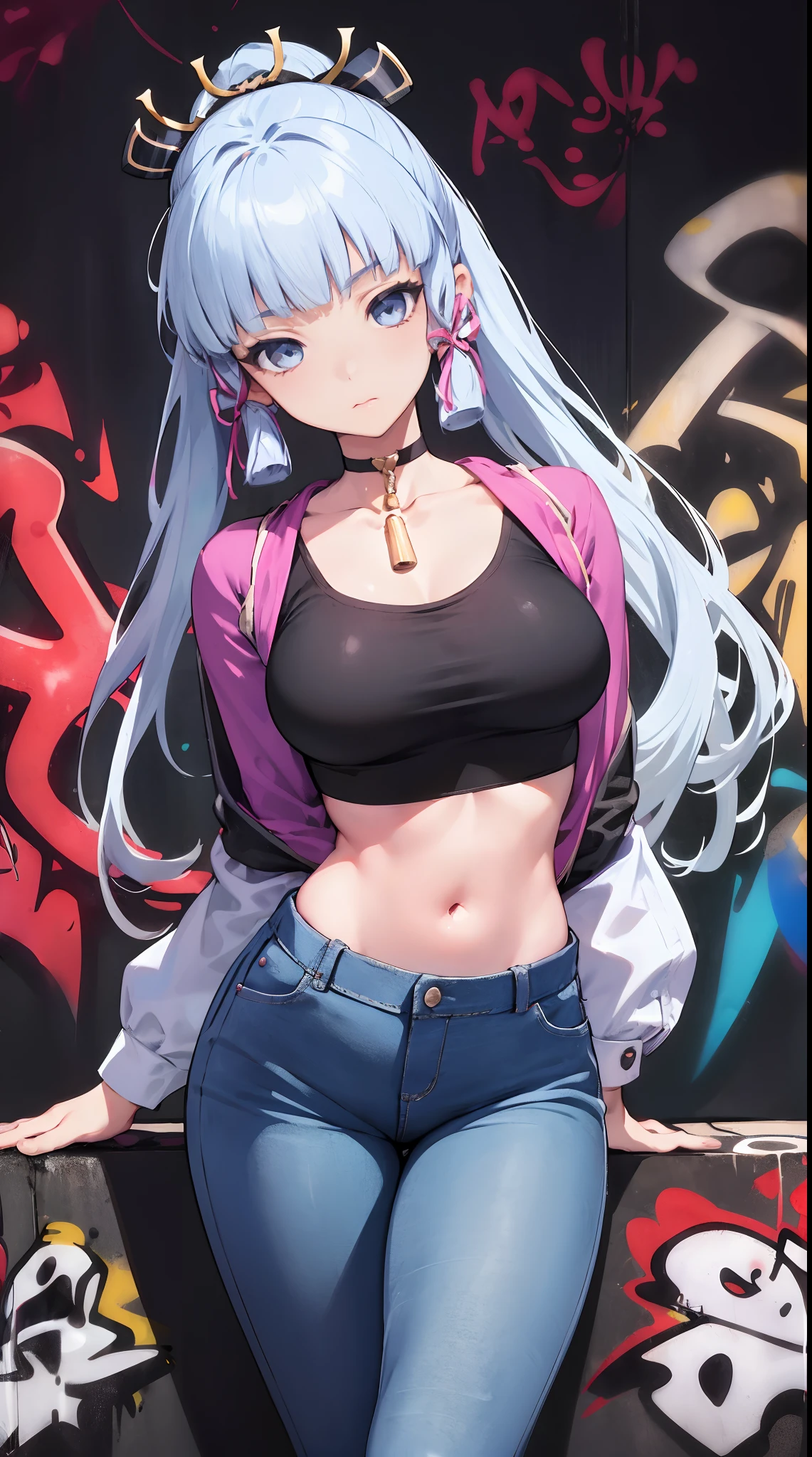 kamisato ayaka|genshin impact, master-piece, bestquality, 1girls,25 years old, proportional body, elongated legs, Beautiful, proportional., crop top, Long Jeans, mediuml breasts, ,bara, crop top, choker, (Graffiti:1.5), Splash with purple lightning pattern., arm behind back, against wall, View viewers from the front., Thigh strap, Head tilt, bored,(NSTDA.:1.2), (10, beste-Qualit, master-piece: 1.4), Beautiful red hair, ultra-high resolution, (lifelike, photorealistic portrait: 1.48), 20 age, Cute Girl, (Looking Through Crop Tops.), Famous Japanese actors, beautiful clear eyes, Head tilt, cowboy shot, from the front, looking at the audience, expressionless, Beautiful lake, Zeiss 150mm F/ 2.8 Hasselblad,  Whole body, foot, Ultra-Wide Angle,