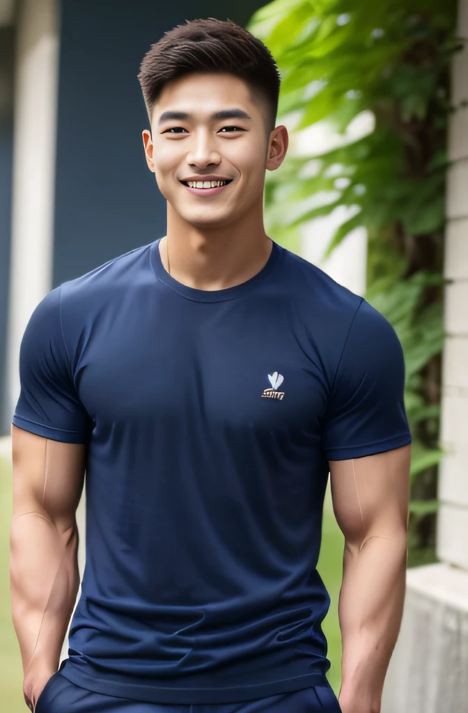 A handsome men ,20 age , Short Hair Hair, korea , Student，(((Wear a navy T-shirt without stripes.....................))),  front-view, smile ,Pectoral muscles, Wide shoulders ,athlete , Upper body (1),  It's raining: 1.3, road: 1.2, body dripping wet: 1.1,