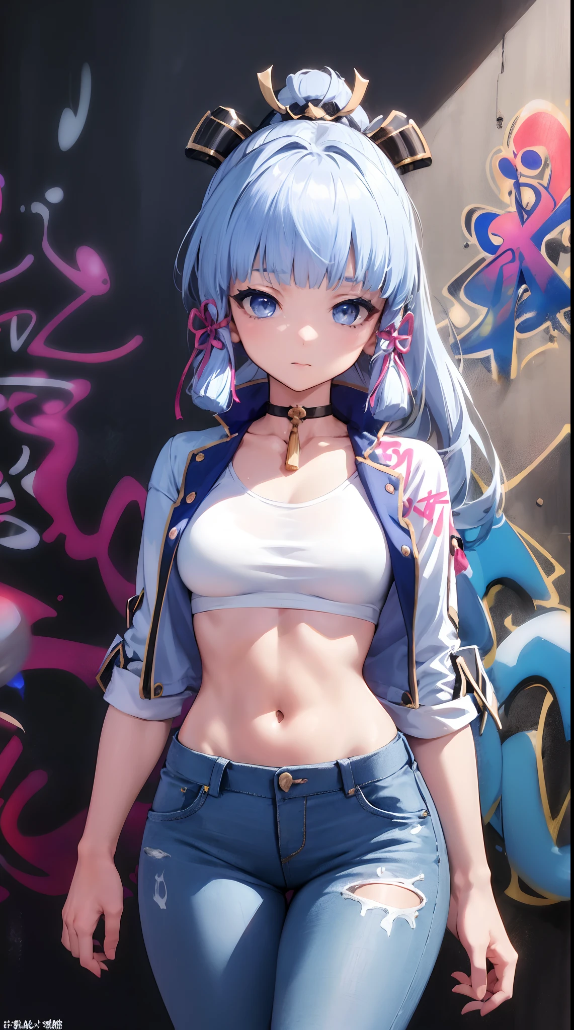kamisato ayaka|genshin impact, master-piece, bestquality, 1girls,25 years old, proportional body, elongated legs, Beautiful, proportional., crop top, Long Jeans, mediuml breasts, ,bara, crop top, choker, (Graffiti:1.5), Splash with purple lightning pattern., arm behind back, against wall, View viewers from the front., Thigh strap, Head tilt, bored,(NSTDA.:1.2), (10, beste-Qualit, master-piece: 1.4), Beautiful red hair, ultra-high resolution, (lifelike, photorealistic portrait: 1.48), 20 age, Cute Girl, (Looking Through Crop Tops.), Famous Japanese actors, beautiful clear eyes, Head tilt, cowboy shot, from the front, looking at the audience, expressionless, Beautiful lake, Zeiss 150mm F/ 2.8 Hasselblad, Whole body, foot, Ultra-Wide Angle,
