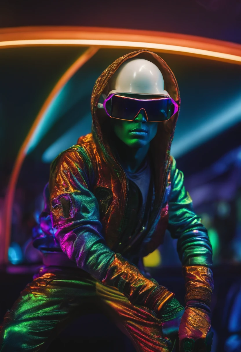 Alien, wearing hip-hop clothes, wearing shades, in space