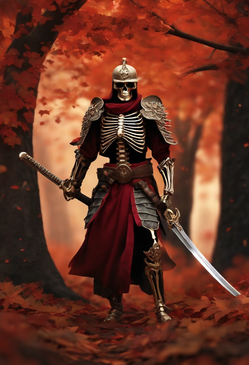 (8k, 16k, award winning, highest quality, high resolution, super detail, photorealistic, raw photo), Highly detailed 4K resolution digital artwork, (Skeleton Swordsman: 1.3), Samurai, lighting is dynamic, enhanced Intricate details, splash art with triadic colors and deep tones, storybook style, warriors without hair, optimal camera model and lens, Japanese sword, large trees with autumn leaves, red leaves, returning blood, overwhelming beauty Many swords are stuck in the ground, a symbol of strength.