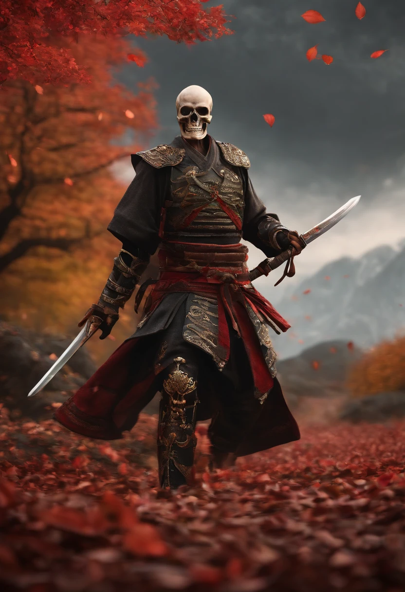 (8k, 16k, award winning, highest quality, high resolution, super detail, photorealistic, raw photo), Highly detailed 4K resolution digital artwork, (Skeleton Swordsman: 1.3), Samurai, lighting is dynamic, enhanced Intricate details, splash art with triadic colors and deep tones, storybook style, warriors without hair, optimal camera model and lens, Japanese sword, large trees with autumn leaves, red leaves, returning blood, overwhelming beauty Many swords are stuck in the ground, a symbol of strength.