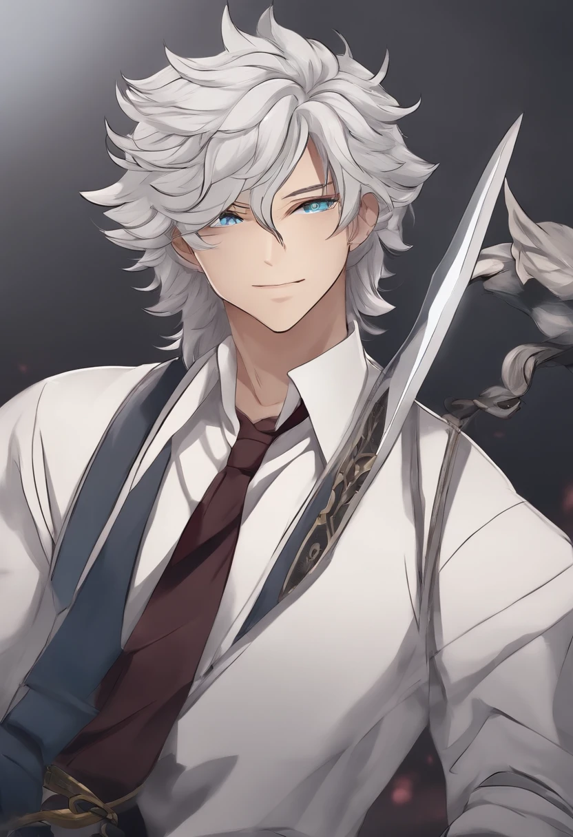 a close up of a person with white hair and a sword, nagito komaeda, inspired by Okumura Togyu, he has dark grey hairs, a silver haired mad, tall anime guy with blue eyes, inspired by Okumura Masanobu, young anime man, male anime character, nagito komaeda from danganronpa