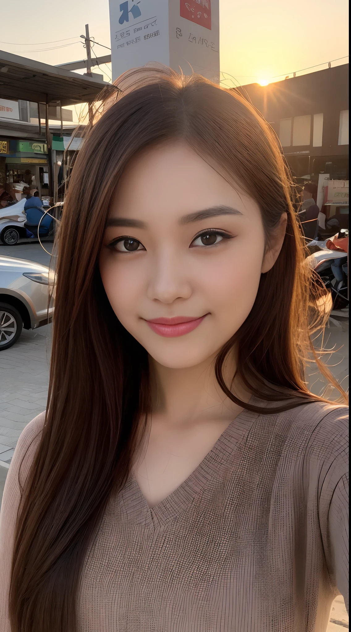 ((Evening, Best Quality, 8K, Masterpiece: 1.3, Realistic)), Full body: 1.4, Slender abs: 1.2, ((Long dark brown hairstyle, Medium Breasts: 1.2)), (Long thin tight shirt: 1.3, Tight short pants: 1.1, Standing: 1.4), (Outdoor, Market, Store background: 1.1, Sunset view), Highly detailed face and skin texture, detailed eyes, double eyelids, full body camera view, seductive smile, v pose: 1.1, (Side face looking at the camera, Holding the camera, Selfie: 1.2)