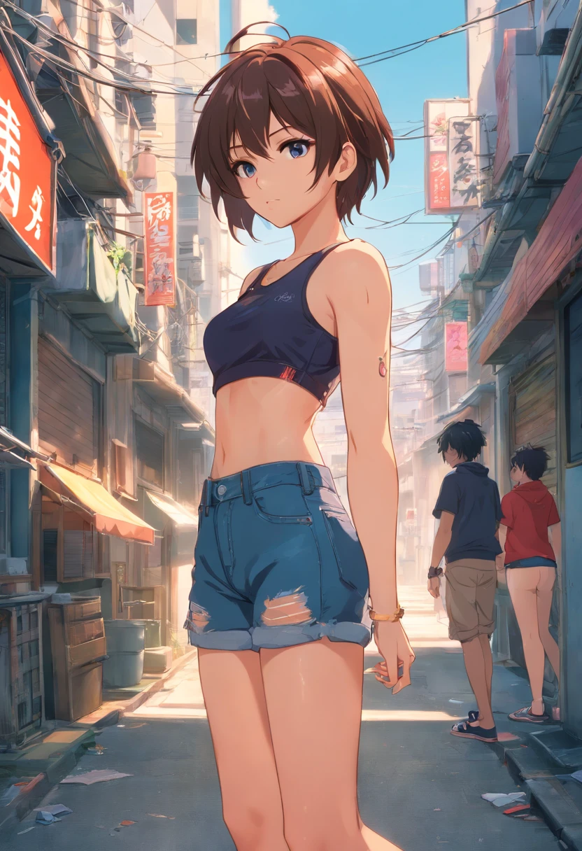 Anime illustration of a young supermodel with a toned physique, In a spicy punk crop top, Low Rise Pants, Messy Short Hair, Demonstration of various intricate tattoos, confidently standing in the middle of an abandoned street in Chiba. . Anime style, Key Visual, Vibrants, Studio anime, Highly detailed