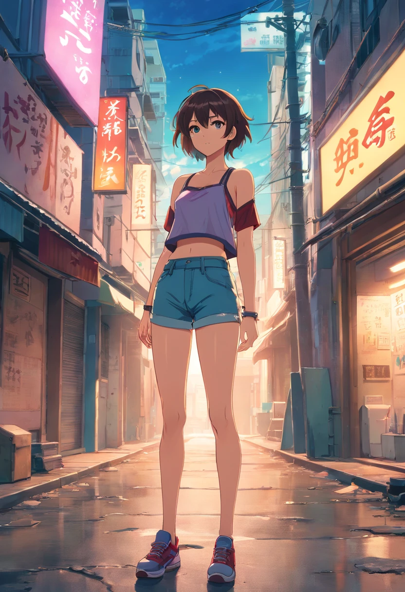 Anime illustration of a young supermodel with a toned physique, In a spicy punk crop top, Low Rise Pants, Messy Short Hair, Demonstration of various intricate tattoos, confidently standing in the middle of an abandoned street in Chiba. . Anime style, Key Visual, Vibrants, Studio anime, Highly detailed