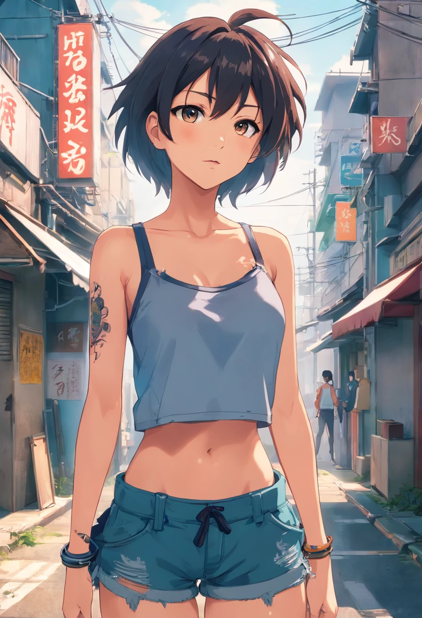 Anime illustration of a young supermodel with a toned physique, In a spicy punk crop top, Low Rise Pants, Messy Short Hair, Demonstration of various intricate tattoos, confidently standing in the middle of an abandoned street in Chiba. . Anime style, Key Visual, Vibrants, Studio anime, Highly detailed