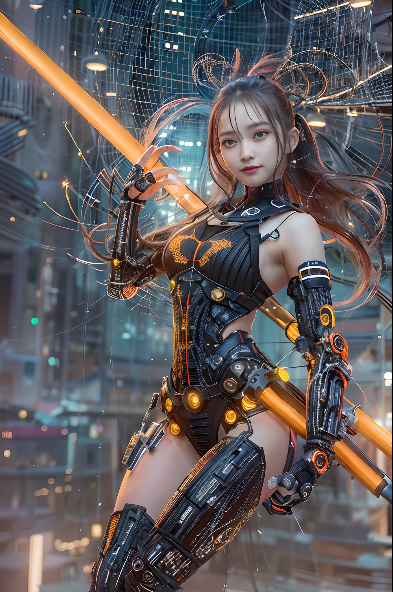 Cybernetic arm and glowing cyber girl,(J Women's Uniform,a sailor suit,White skirt,),Strenuous movements,Add motion blur effects to simulate motion,Stand on a post-apocalyptic battlefield cityscape.Surrounded by a network of wires. Surrounded by a web of circuits. (Cyber Girl with Orange Glowing Sword:1.3), Shiny Silver Shorthair,disheveled ponytail,Cute smile,Perfect round face,Black eyes,A cheerful smile that makes the viewer happy,Proper body proportion,Intricate details,Very delicate and beautiful hair,photos realistic,Dreamy,Professional Lighting,realistic shadow,Solo Focus,Beautiful hands,Beautiful fingers,Detailed finger features,detailed clothes features,Detailed hair features,detailed facial features,(masutepiece,top-quality,Ultra-high resolution output image,) ,(The 8k quality,),(Image Mode Ultra HD,),(Image Mode Ultra HD,),(Sea Art 2 Mode.1:1.3),Science fiction fantasy