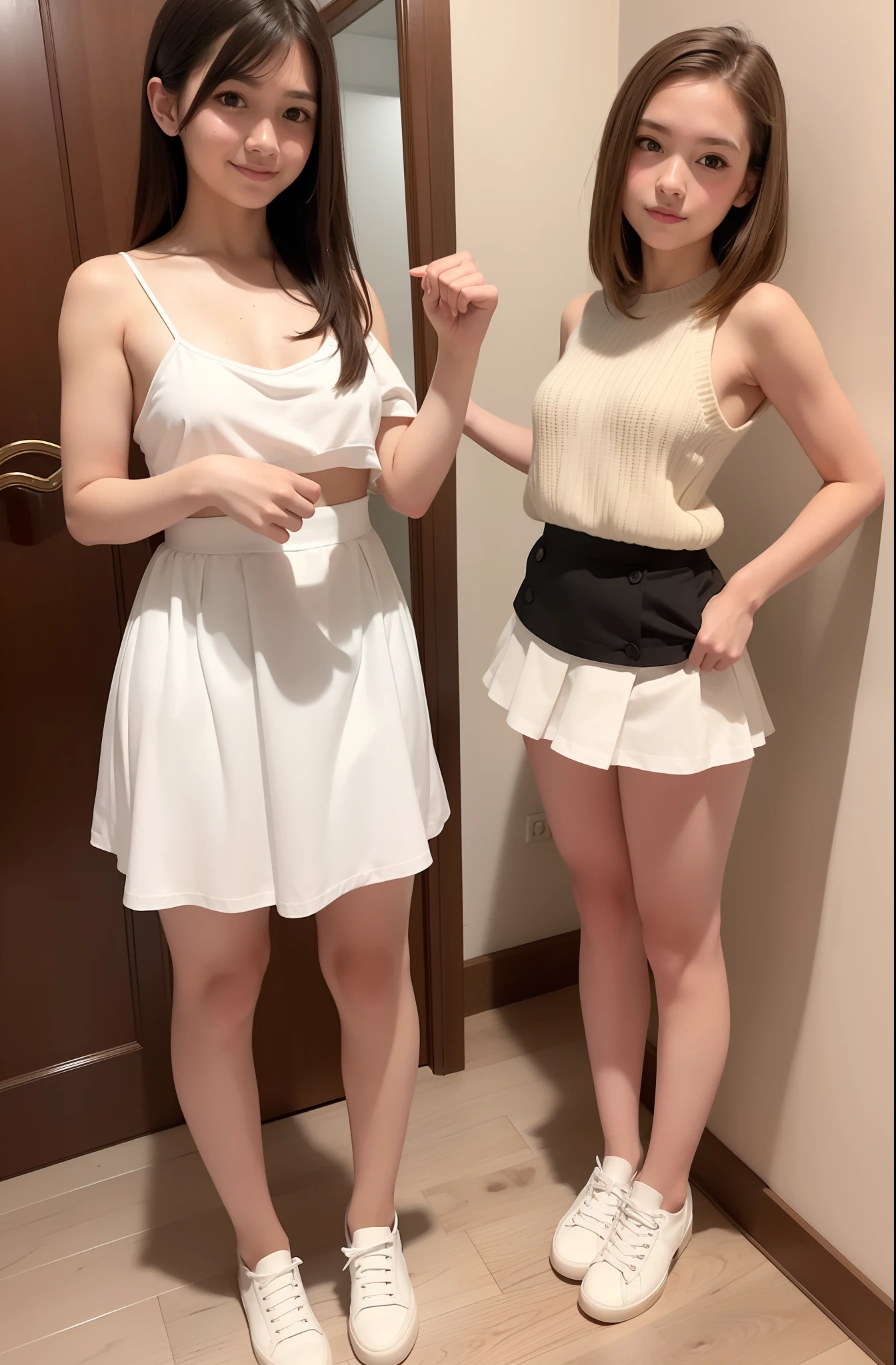 masterpiece, highest quality, full body , 2girls, two sisters, standing, ((18 years old)), (instagram photo), ((short)), ((small breasts)), petite body, white top, (conservative skirt), brown hair, white shoes, smiling, innocent face, innocent, young, detailed