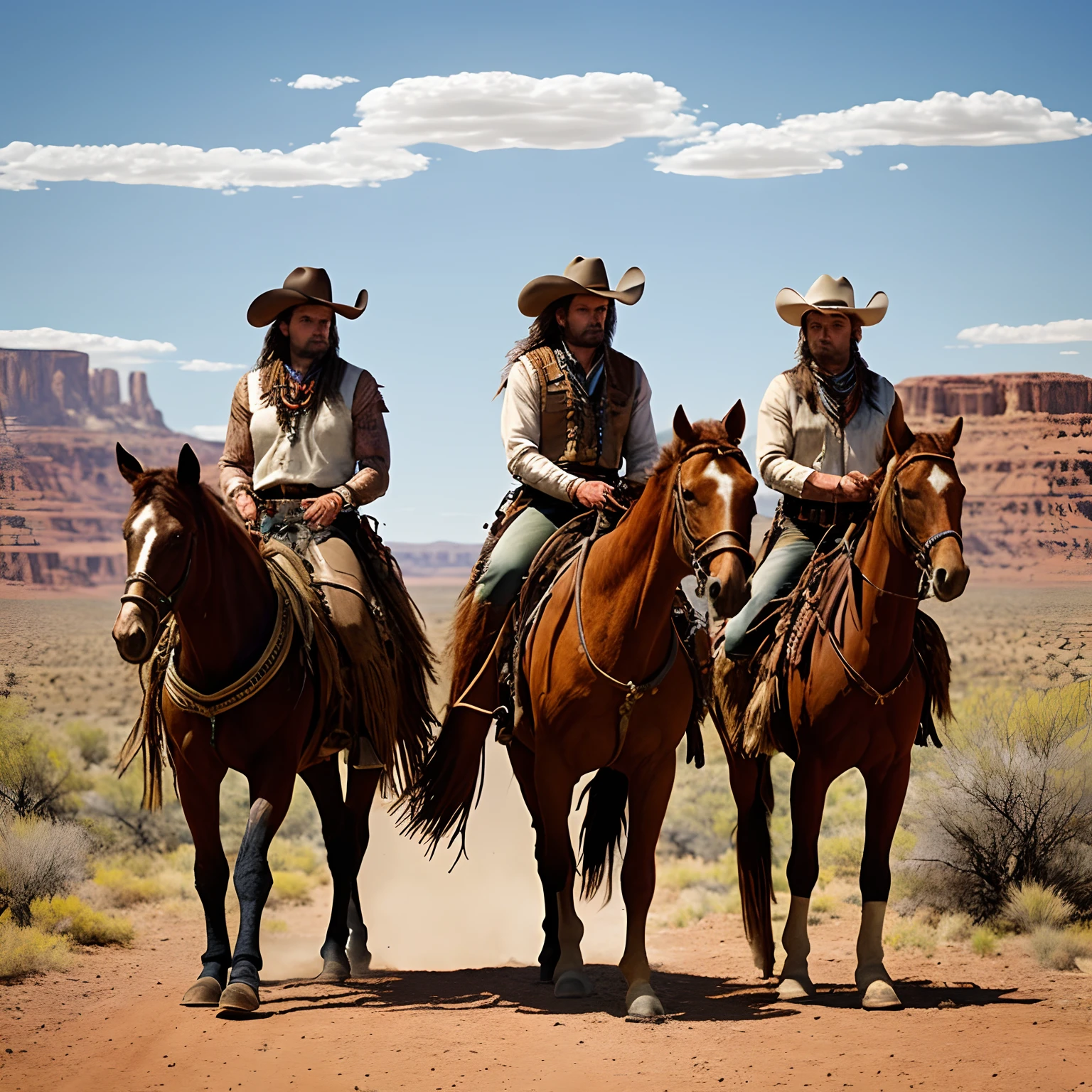 Create a vivid and lifelike image of a Western Native Cowboy on horseback, set against the backdrop of a sprawling, arid desert landscape. The cowboy should be dressed in traditional Native American attire, wearing weathered leather boots, fringed buckskin pants, and a beaded vest. Their long, flowing hair should be adorned with feathers, and they should have tribal tattoos on their arms. The cowboy should be riding a sturdy, well-trained horse, holding a weathered lasso in one hand and a feathered spear in the other, showcasing their connection with both nature and their Native American heritage. The sun should cast a warm, golden glow on the scene, creating a sense of rugged beauty and adventure in the wild, untamed West.