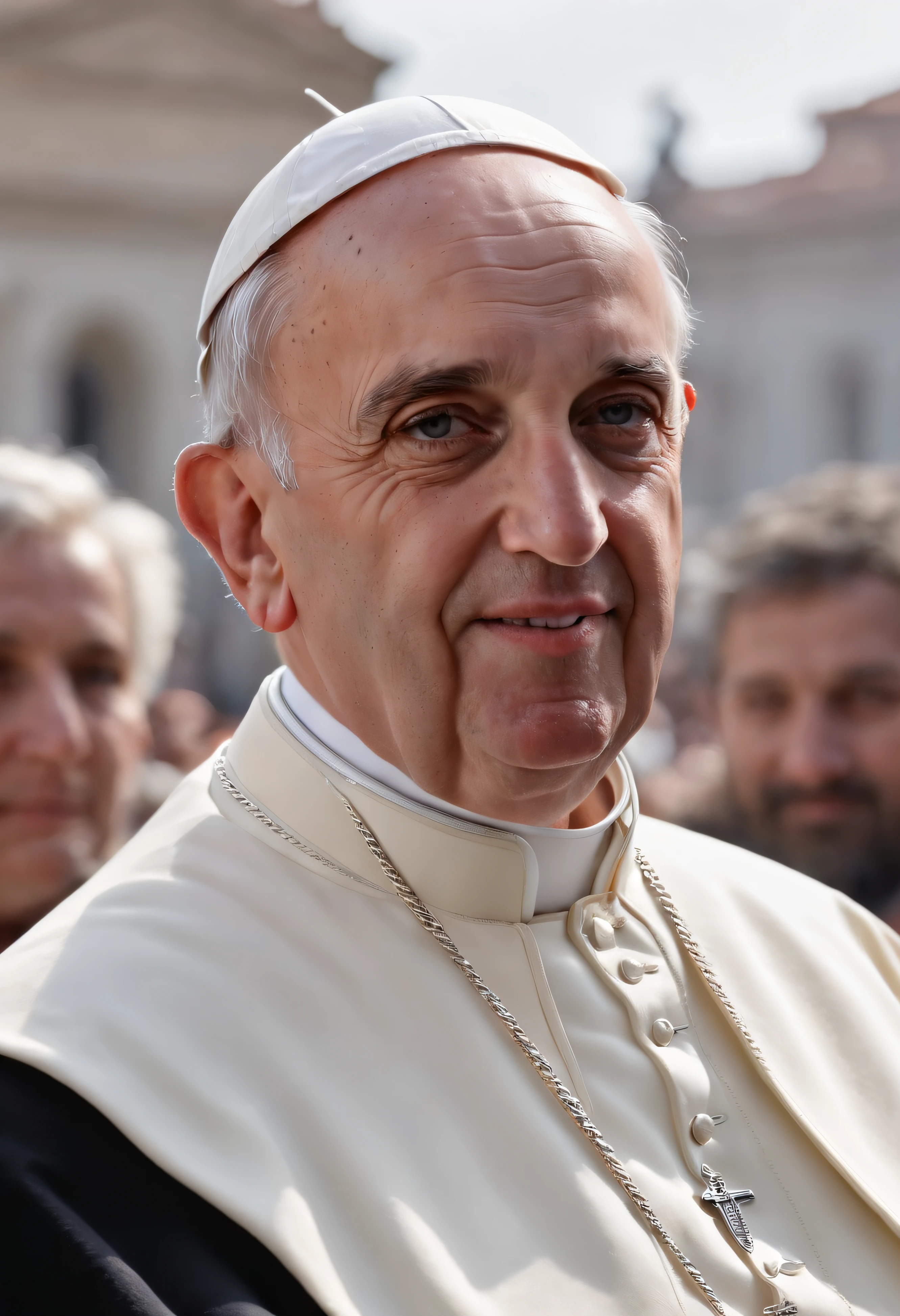 (best quality,4k,highres,masterpiece:1.2),ultra-detailed,(realistic:1.37),portrait,beautiful detailed eyes,beautiful detailed lips,pope Francis,St. Peter's Square,Rome,world peace,fresco painting,fine brushstrokes,vivid colors,serene atmosphere,sunlight through the clouds,splendid architecture,peaceful pigeons,remarkable detail in face and clothing,soft shadows,authentic texture,subtle expressions,grandeur,glowing aura,spiritual significance,open arms,wisdom,love for humanity,hopeful expressions,harmony with nature,bustling crowds in the background, symbol of unity,inspiring presence,inspirational background,serenity amidst chaos,celebration of faith,profound impact,eternal city,historical setting,powerful emotions,incredible depth of field,exquisite composition,majestic proportions,spiritual reflection,record-breaking resolution,sacredness,and uplifting vibes.