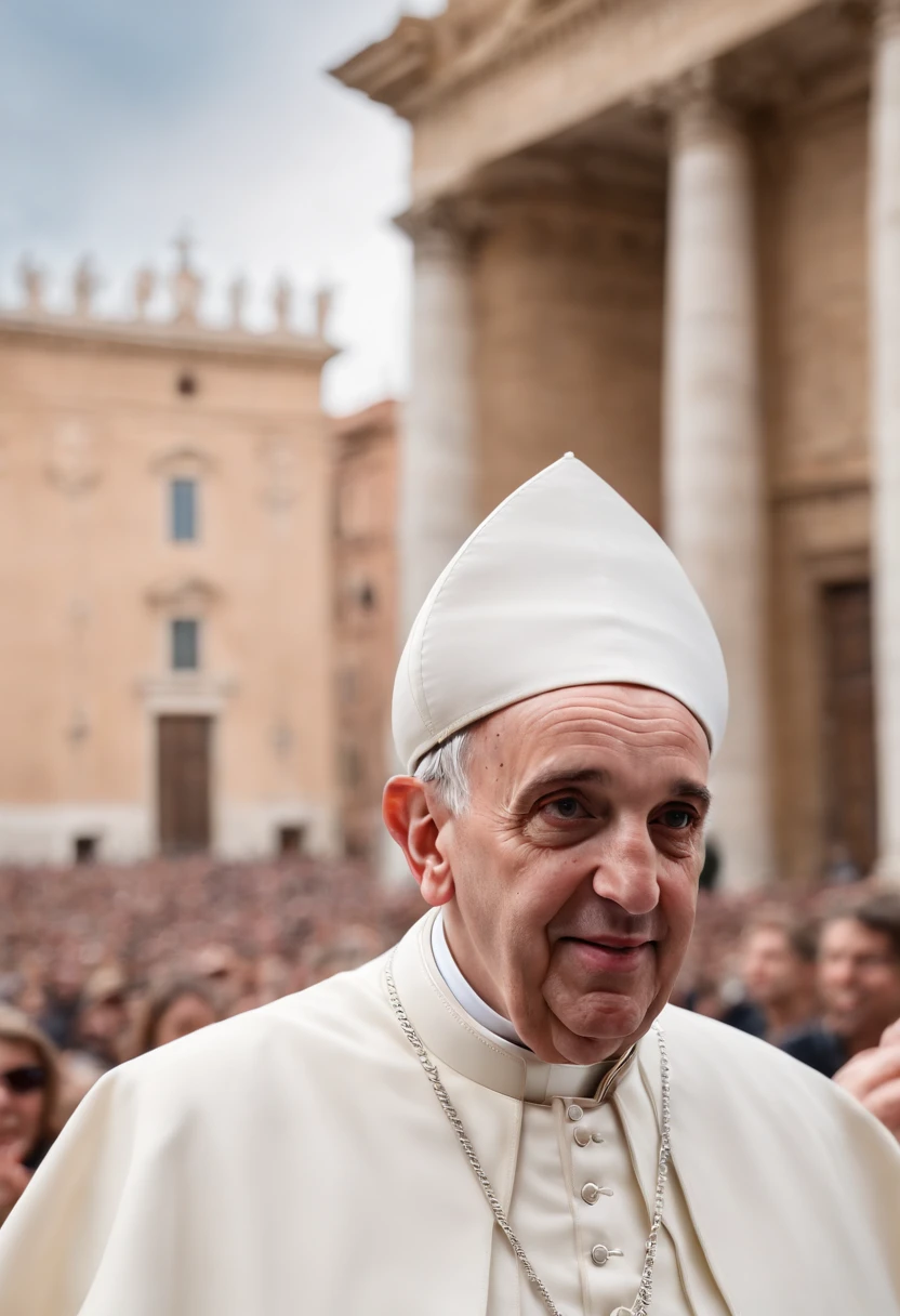 (best quality,4k,highres,masterpiece:1.2),ultra-detailed,(realistic:1.37),portrait,beautiful detailed eyes,beautiful detailed lips,pope Francis,St. Peter's Square,Rome,world peace,fresco painting,fine brushstrokes,vivid colors,serene atmosphere,sunlight through the clouds,splendid architecture,peaceful pigeons,remarkable detail in face and clothing,soft shadows,authentic texture,subtle expressions,grandeur,glowing aura,spiritual significance,open arms,wisdom,love for humanity,hopeful expressions,harmony with nature,bustling crowds in the background, symbol of unity,inspiring presence,inspirational background,serenity amidst chaos,celebration of faith,profound impact,eternal city,historical setting,powerful emotions,incredible depth of field,exquisite composition,majestic proportions,spiritual reflection,record-breaking resolution,sacredness,and uplifting vibes.