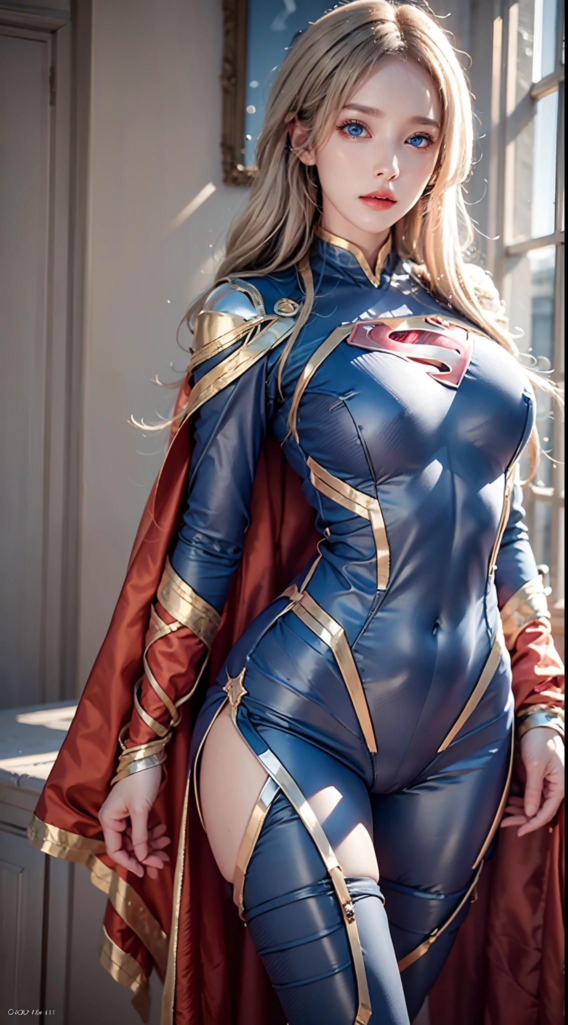 photorealistic, masterpiece, photorealistic, high resolution, soft light, hips up, (blue eyes, blonde hair), long hairsupermansuit, blue bodysuit,cape,