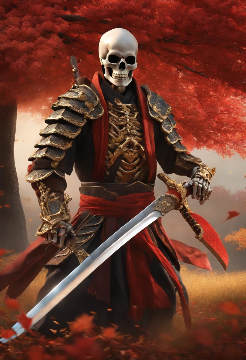 (8k, 16k, award winning, highest quality, high resolution, super detail, photorealistic, raw photo), Highly detailed 4K resolution digital artwork, (Skeleton Swordsman: 1.3), Samurai, lighting is dynamic, enhanced Intricate details, splash art with triadic colors and deep tones, storybook style, warriors without hair, optimal camera model and lens, Japanese sword, large trees with autumn leaves, red leaves, returning blood, overwhelming beauty Many swords are stuck in the ground, a symbol of strength.