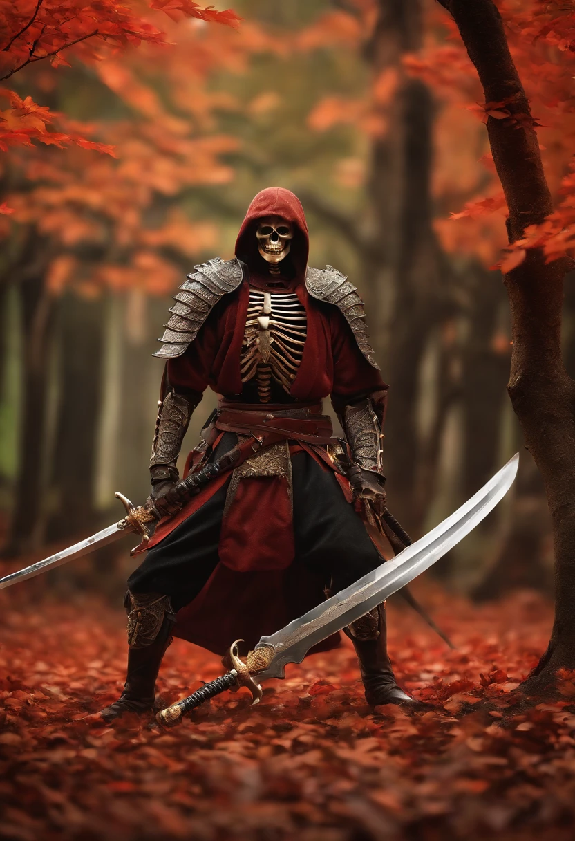 (8k, 16k, award winning, highest quality, high resolution, super detail, photorealistic, raw photo), Highly detailed 4K resolution digital artwork, (Skeleton Swordsman: 1.3), Samurai, lighting is dynamic, enhanced Intricate details, splash art with triadic colors and deep tones, storybook style, warriors without hair, optimal camera model and lens, Japanese sword, large trees with autumn leaves, red leaves, returning blood, overwhelming beauty Many swords are stuck in the ground, a symbol of strength.