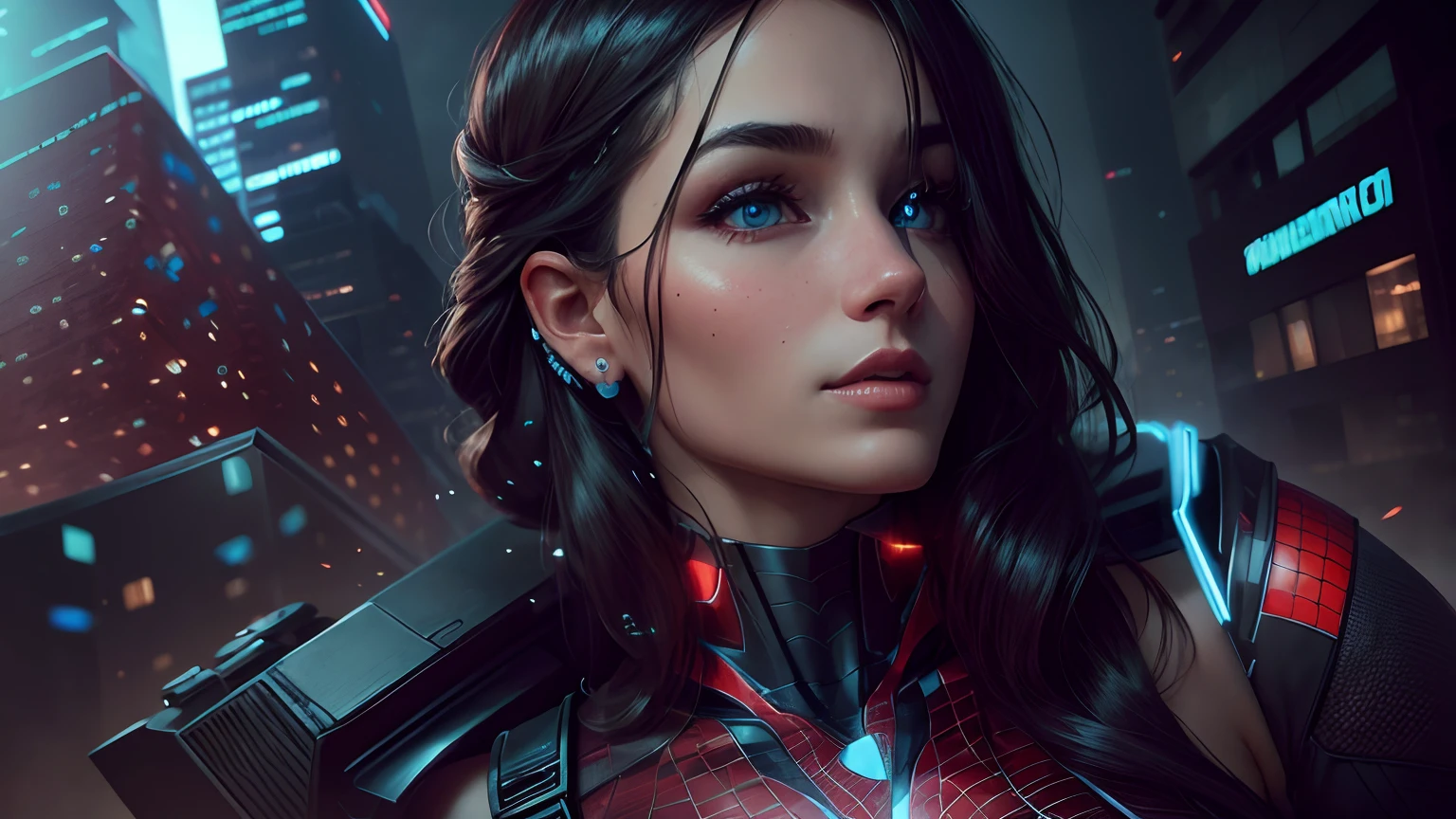 (1girl:1.3), Solo, (((Very detailed face)))), ((Very detailed eyes and face)))), Beautiful detail eyes, Body parts__, Official art, Unified 8k wallpaper, Super detailed, beautiful and beautiful, beautiful, masterpiece, best quality, original, masterpiece, super fine photo, best quality, super high resolution, realistic realism, sunlight, full body portrait, amazing beauty, dynamic pose, delicate face, vibrant eyes, (from the front), She wears Spider-Man suit, red and black color scheme, spider, very detailed city roof background, rooftop, overlooking the city, detailed face, detailed complex busy background, messy, gorgeous, milky white, highly detailed skin, realistic skin details, visible pores, clear focus, volumetric fog, 8k uhd, DSLR, high quality, film grain, fair skin, photo realism, lomography, futuristic dystopian megalopolis, translucent