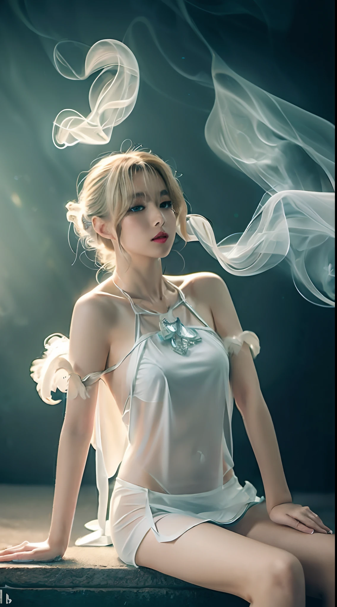 (Best quality,4K,8K,A high resolution,Masterpiece:1.2),Ultra-detailed,(Realistic,Photorealistic,photo-realistic:1.37),Gorgeous,Beautiful,Blonde curly hair,The goddess sits cross-legged on the steps in a white dress,Sexy girl, Sakimi Chen's illustration style, Japanese goddess, Yoshihide Suga, Amazing goddess, Ethereal body, mesmerizing eyes, Beautiful white costume, Bright sunshine, gleaming silver, Yoshitomo Nara,Fuzzy dragon-shaped smoke