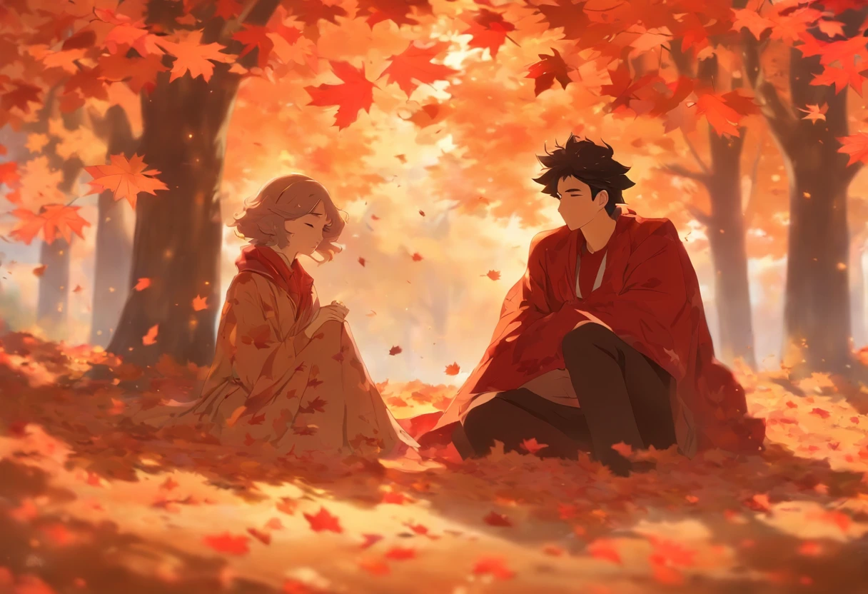 Canada、Colored leaves、Maples、A hill、Maple tree、leaves falling、Man and woman resting under a maple tree、Korean Drama、Tokkebi、