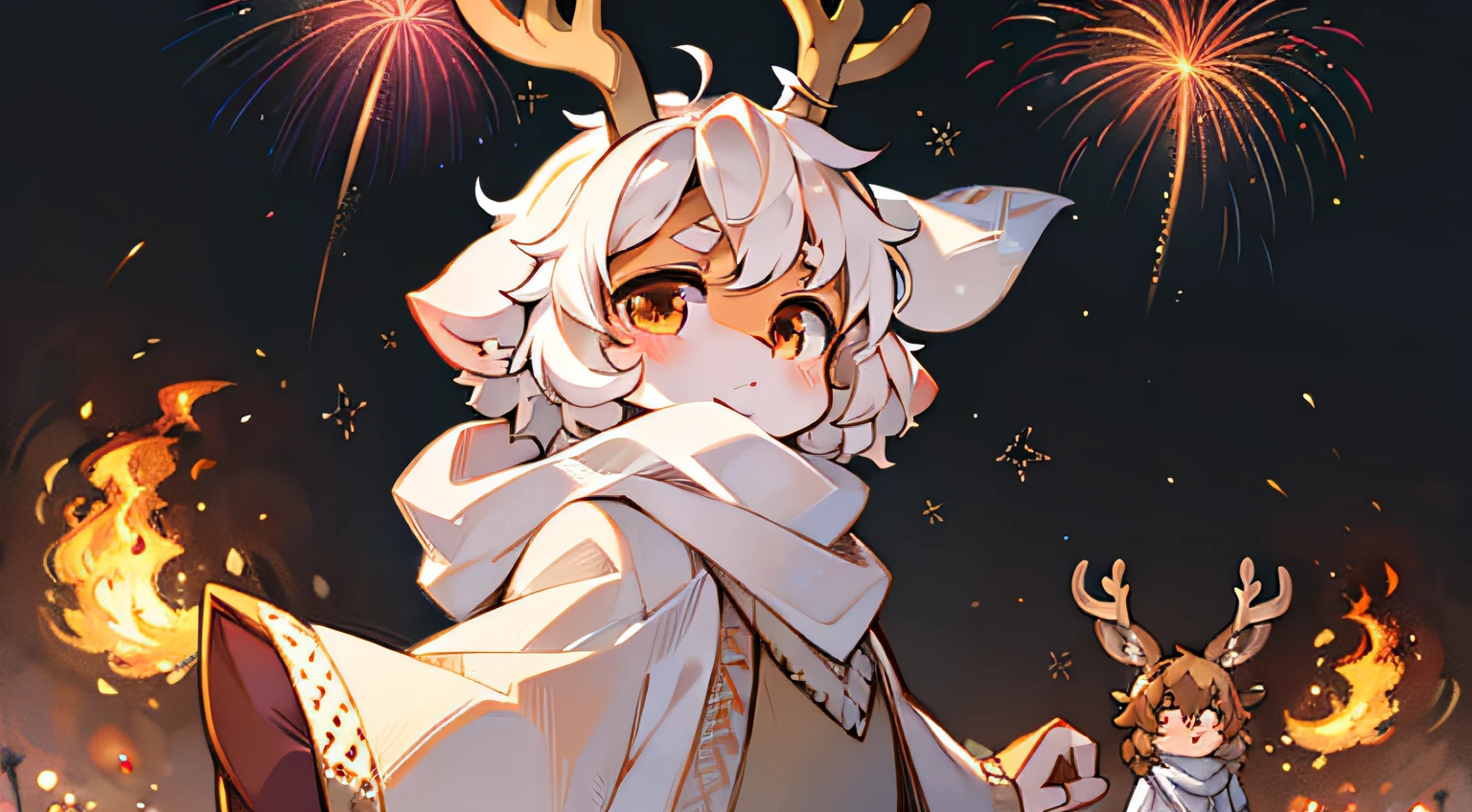 Lop-eared white fox，Brown antlers，Brown pupils，Short wavy curls，shaggy，Long white scarf，chiquita，White pattern，The white，deer antlers，fire works