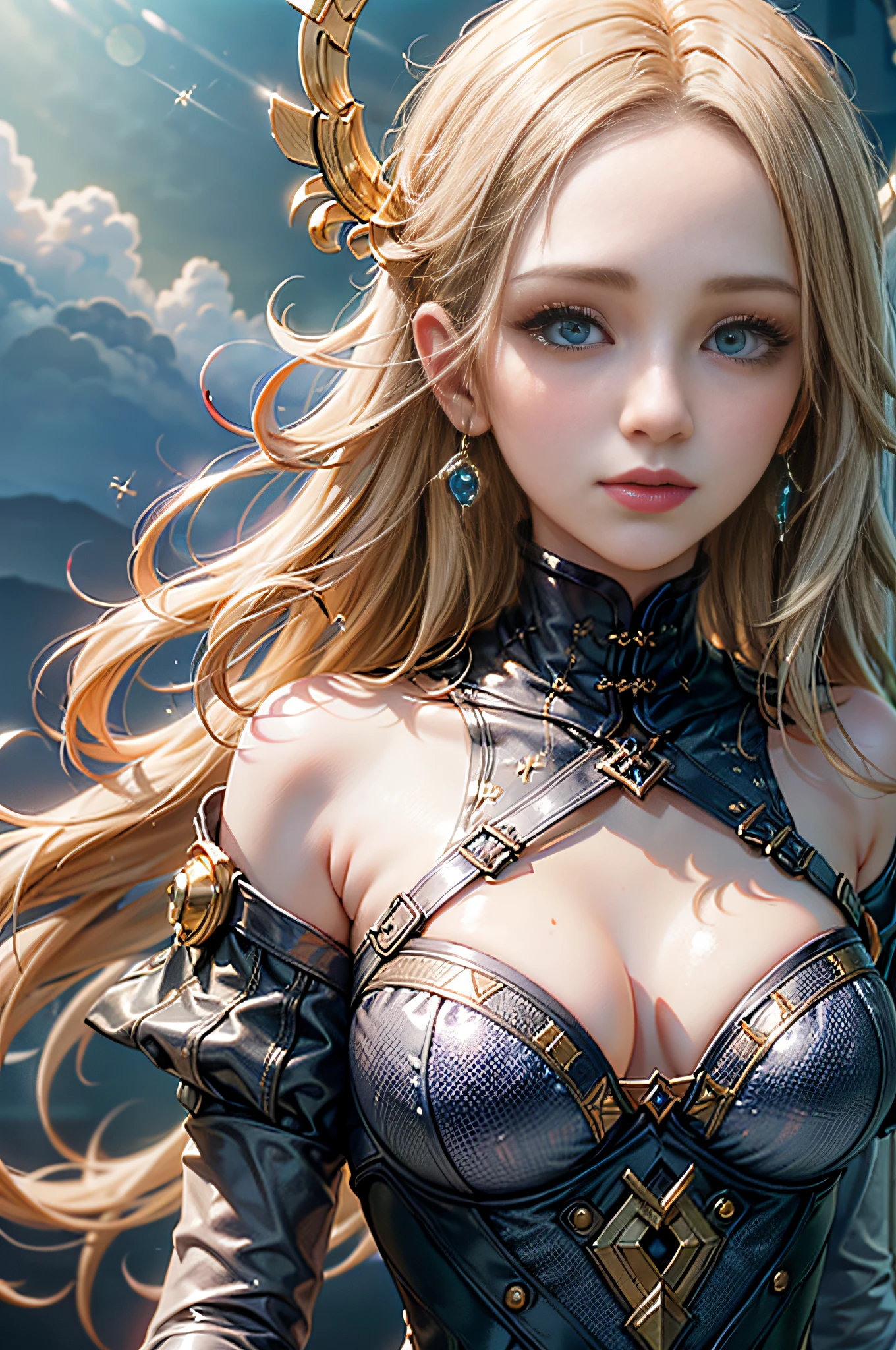(extremely detailed CG unity 8k wallpaper,masterpiece, best quality, ultra-detailed),(best illumination, best shadow, an extremely delicate and beautiful),floating,high saturation,blonde hair+blue eyes:1.2,gloomy gothic scenery, long hair, gaze into the distance. (A beautiful girl with long blonde hair and blue eyes sparkling gothic lighting)
