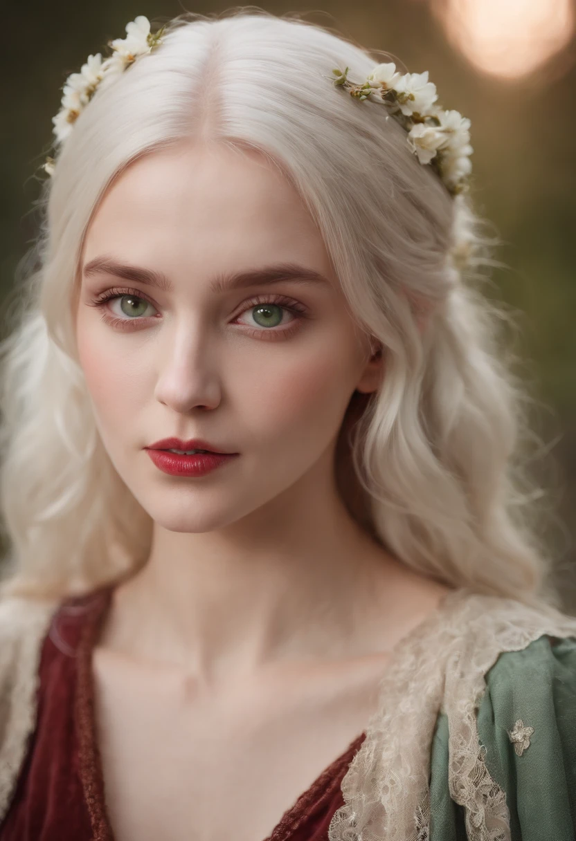 (((a deep reddish wound crosses her left cheek))) fair complexion, woman around 19 years old, natural white hair, distinctive green eyes, wearing kohl, slender and graceful, beautiful, candlelight in a medieval setting, ultra sharp focus, realistic shot, medieval female clothes, tetradic colors (scar:1.4)