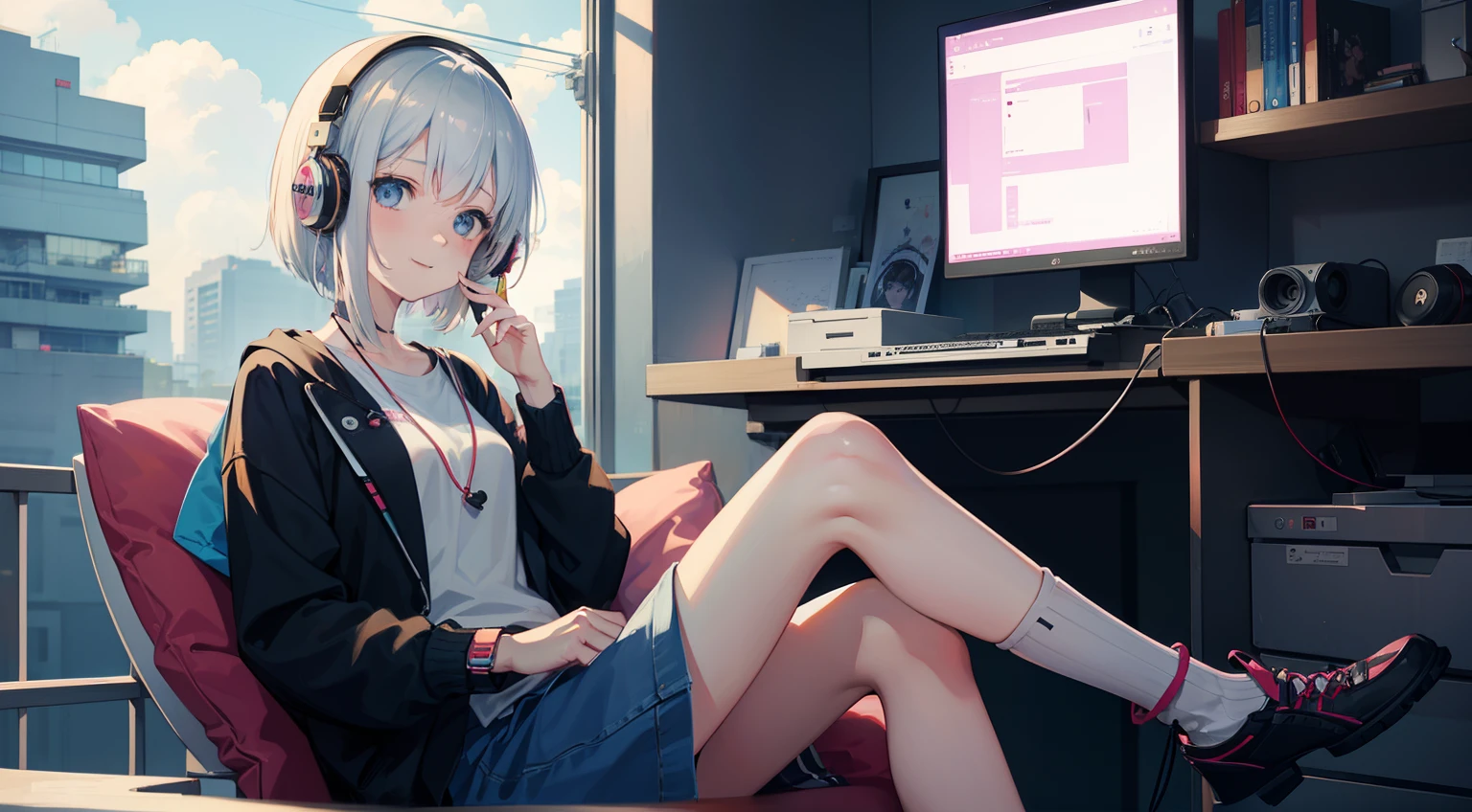 Anime girl with headphones sitting on laptop table, white t-shirts:1.3、silber hair、Hairstyle Short Bob、lofi-girl, A smile、lofi artstyle, lofi art, lofi vibes, lofi feel, adult lady、25-years old、lofi hip hop, lofi, chillhop, lofi girl aesthetic, lofi portrait, Lofivibe, lofi color, anime vibes, The aesthetics of the lofi,Colossal tits,natta