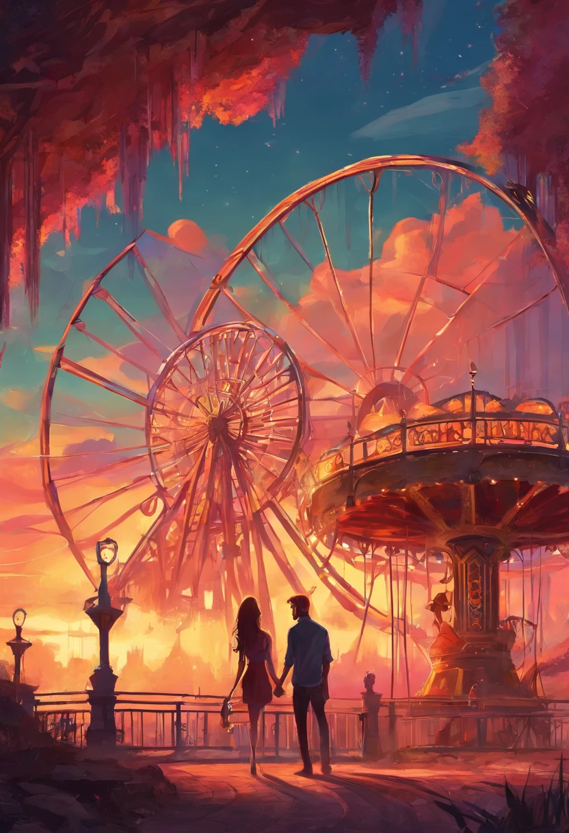 A man and his girlfriend in an abandoned amusement park, sun sunset, You only see silhouettes of the man and the woman