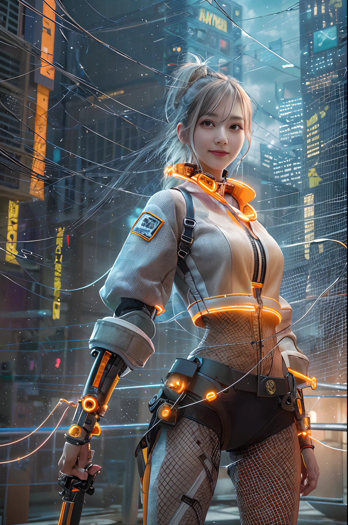 Cybernetic arm and glowing cyber girl,(J Women's Uniform,a sailor suit,White skirt,),Strenuous movements,Add a motion blur effect to simulate motion,Stand on a post-apocalyptic battlefield cityscape.Surrounded by a network of wires. Surrounded by a web of circuits. (Cyber Girl with Orange Glowing Sword:1.3), Shiny Silver Shorthair,disheveled ponytail,Cute smile,Perfect round face,Black eyes,A cheerful smile that makes the viewer happy,Proper body proportion,Intricate details,Very delicate and beautiful hair,photos realistic,Dreamy,Professional Lighting,realistic shadow,Solo Focus,Beautiful hands,Beautiful fingers,Detailed finger features,detailed clothes features,Detailed hair features,detailed facial features,(masutepiece,top-quality,Ultra-high resolution output image,) ,(The 8k quality,),Science fiction fantasy