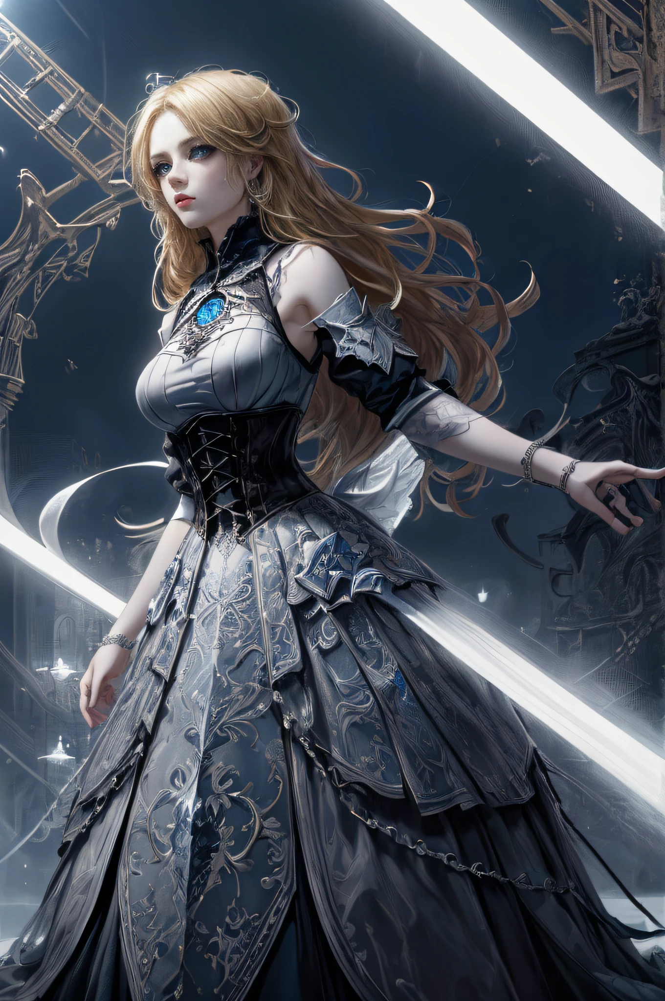 Full Body(extremely detailed CG unity 8k wallpaper,masterpiece, best quality, ultra-detailed),(best illumination, best shadow, an extremely delicate and beautiful),floating,high saturation,blonde hair+blue eyes:1.2,gloomy gothic scenery, long hair, gaze into the distance. (A beautiful girl with long blonde hair and blue eyes sparkling gothic lighting)