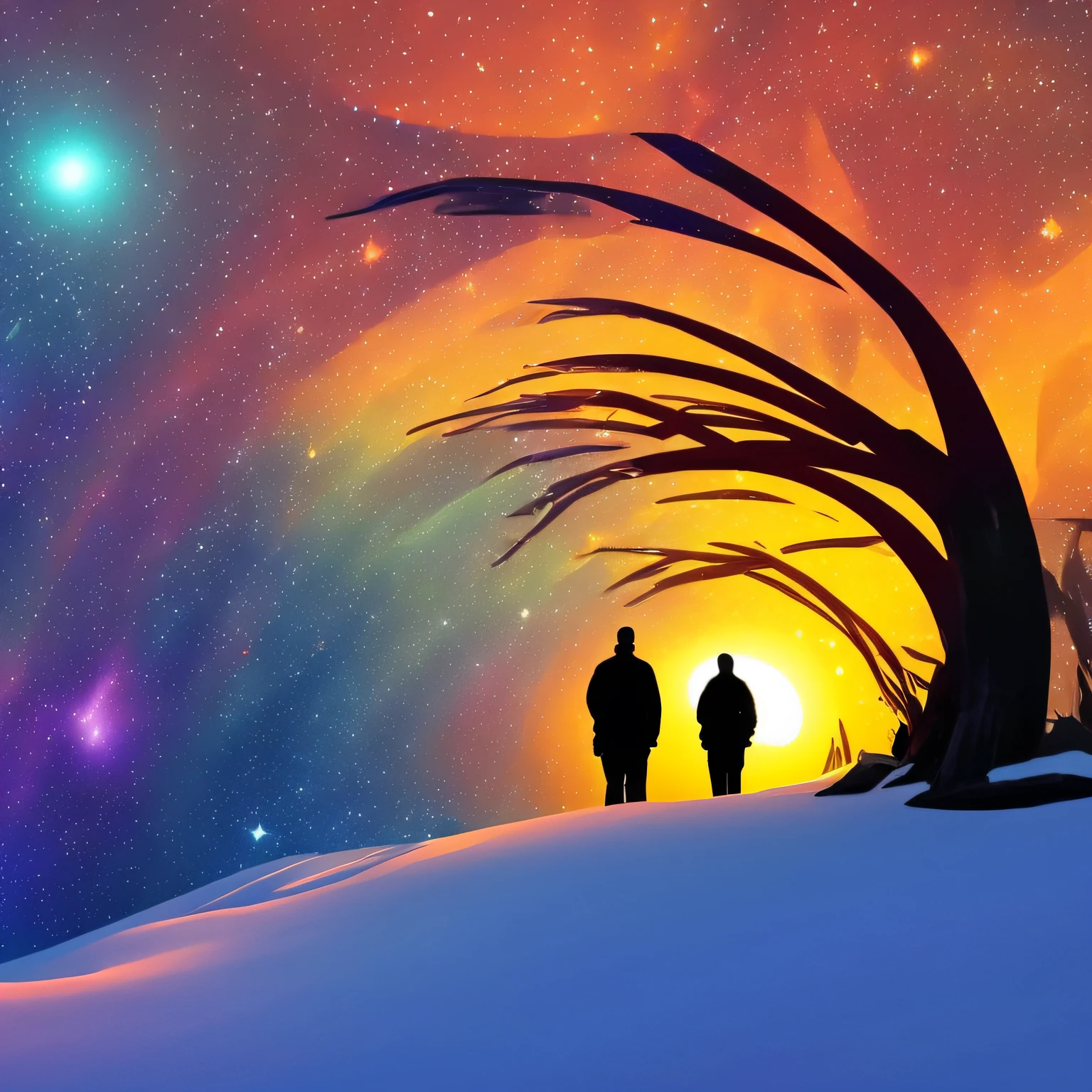 Beneath a sky illuminated by brilliant stars, a solitary man finds solace at a serene campsite. The profound silence of the wilderness is occasionally broken by the gentle crackles of his campfire and the soft murmurs of a nearby stream. The vast celestial expanse overhead reflects in the stream's waters, creating an ethereal link between earth and the cosmos. As the fire's glow contrasts with the night's deep blues, it outlines his contemplative silhouette. Removed from the daily rush, he immerses himself in nature's embrace, with the fire's warmth balancing the cool night air. This scene captures more than just a moment; it represents a deep longing for simplicity and connection amidst life's chaos. Every glimmering star and flame invites viewers to appreciate the tranquility and wonder nature provides.