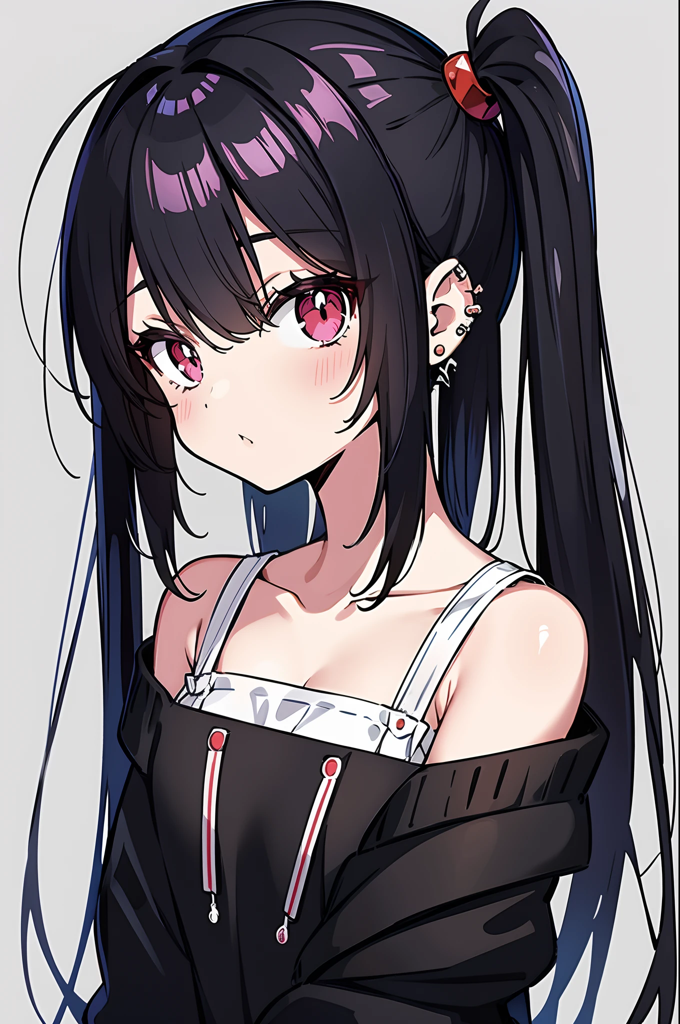 Anime style girl，Solo Black Hair、Twin-tailed、Two knots，Red Eyes，Ear-piercing，off shoulders、Facing the front，Looking at the camera，frontal photos