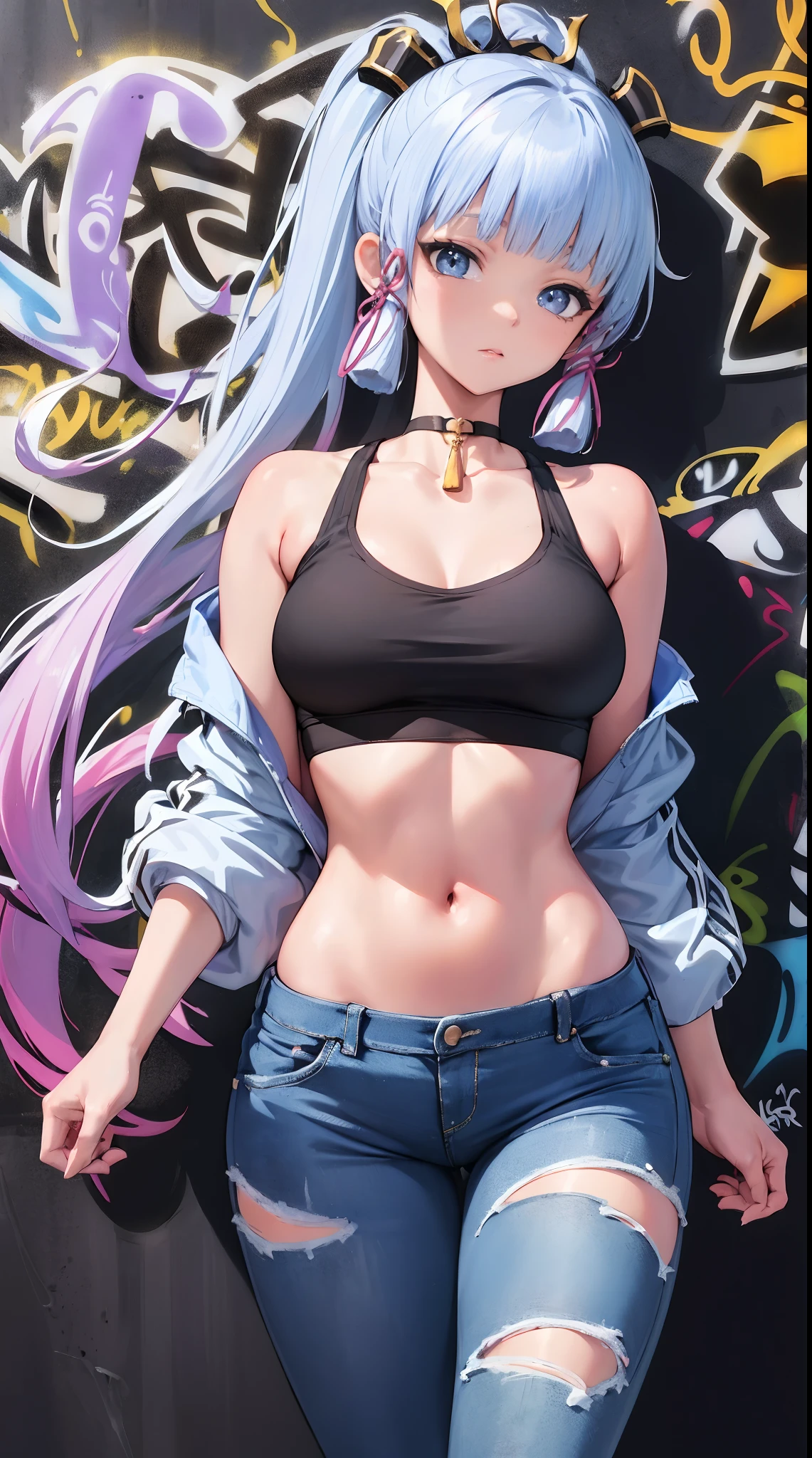 kamisato ayaka|genshin impact, master-piece, bestquality, 1girls,25 years old, proportional body, elongated legs, Beautiful, proportional., crop top, Long Jeans, mediuml breasts, ,bara, crop top, choker, (Graffiti:1.5), Splash with purple lightning pattern., arm behind back, against wall, View viewers from the front., Thigh strap, Head tilt, bored,(NSTDA.:1.2), (10, beste-Qualit, master-piece: 1.4), Beautiful red hair, ultra-high resolution, (lifelike, photorealistic portrait: 1.48), 20 age, Cute Girl, (Looking Through Crop Tops.), Famous Japanese actors, beautiful clear eyes, Head tilt, cowboy shot, from the front, looking at the audience, expressionless, Beautiful lake, Zeiss 150mm F/ 2.8 Hasselblad, Whole body, foot, Ultra-Wide Angle,
