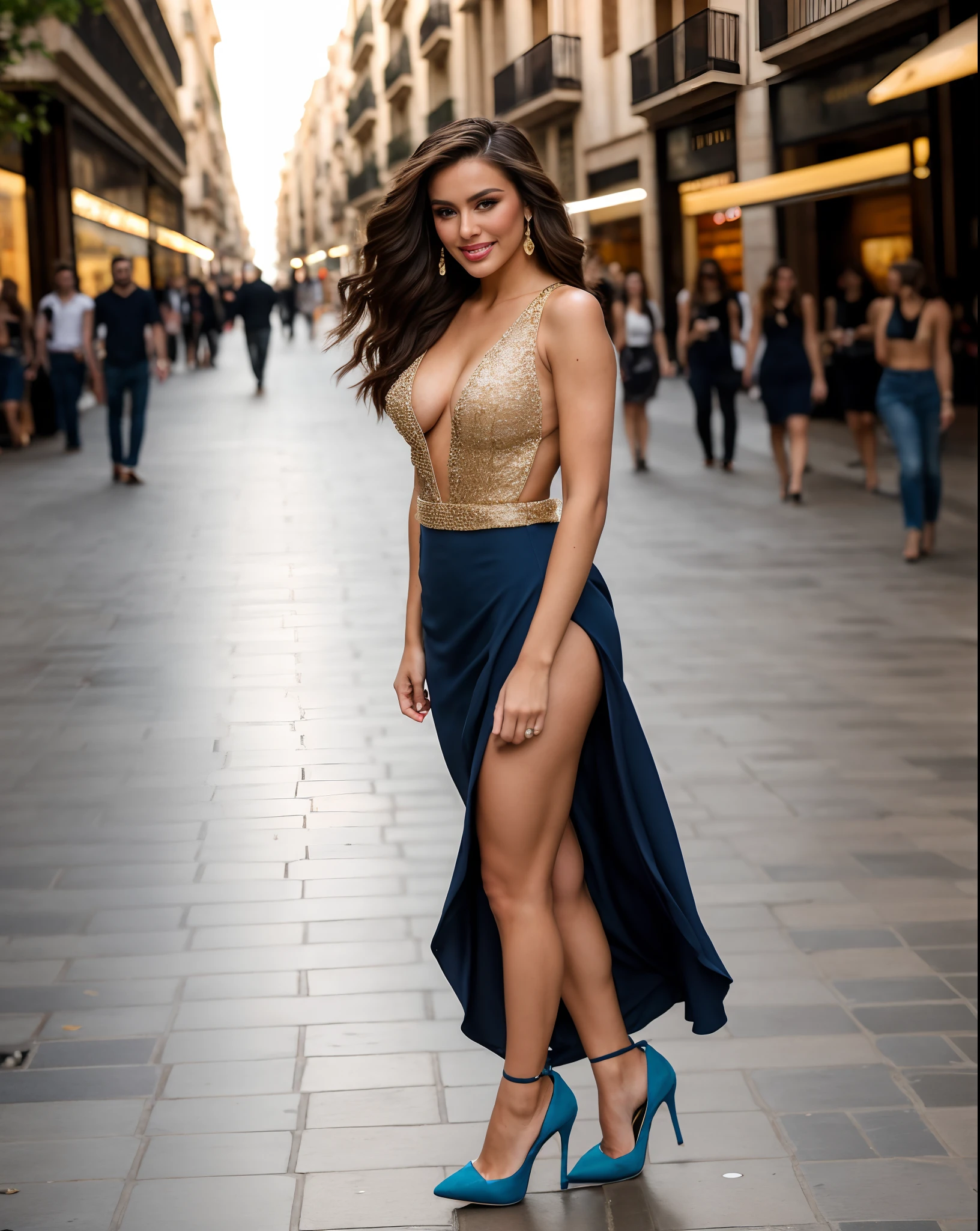(sharp focus: 1.2), photo (full body) (American flat), attractive 25-year-old, (beautiful face: 1.1), detailed light brown eyes, delicious lips, (eye makeup: 0.85), (medium breasts: 2.0), (firm body: 1.2), (medium hair: 1.2), wearing (high heels, blue), (day lighting: 1.2) ,flare, depth of field, bokeh, 4K, HDR. Miss Universe, cover photo, award-winning photography, depth of field, bokeh, 4K, HDR, (Location: Barcelona), shopping in streets of Barcelona, full body