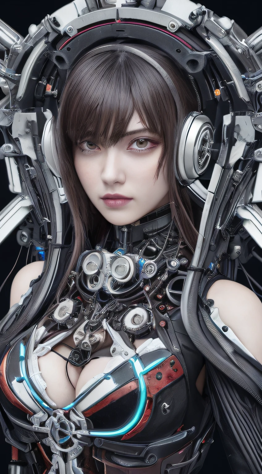 1 Mechanical Girl、((super realistic details))、portlate、globalillumination、Shadow、octan render、8K、ultrasharp、Steampunk Cyborg Body、White porcelain body、Hydraulic cylinder、Details of complex ornaments、Gothloli details、highly intricate detail、Realistic light、CGSoation Trends、a purple eye、radiant eyes、Facing the camera、neon details、Colossal tits、The cleavage is visible、Mechanical limbs、blood vessels connected to tubes、Mechanical vertebrae attached to the back、mechanical cervical attaching to neck、sitting on、Wires and cables connecting to the head、The background is a steampunk space、