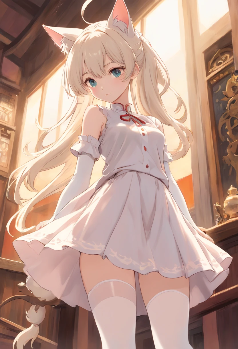 Cat ears，Slender calves，white stockings，Masterpiece，Extremely tall girl，Huge maiden，Full limbs，Long-range shots,long  white hair，a white long skirt