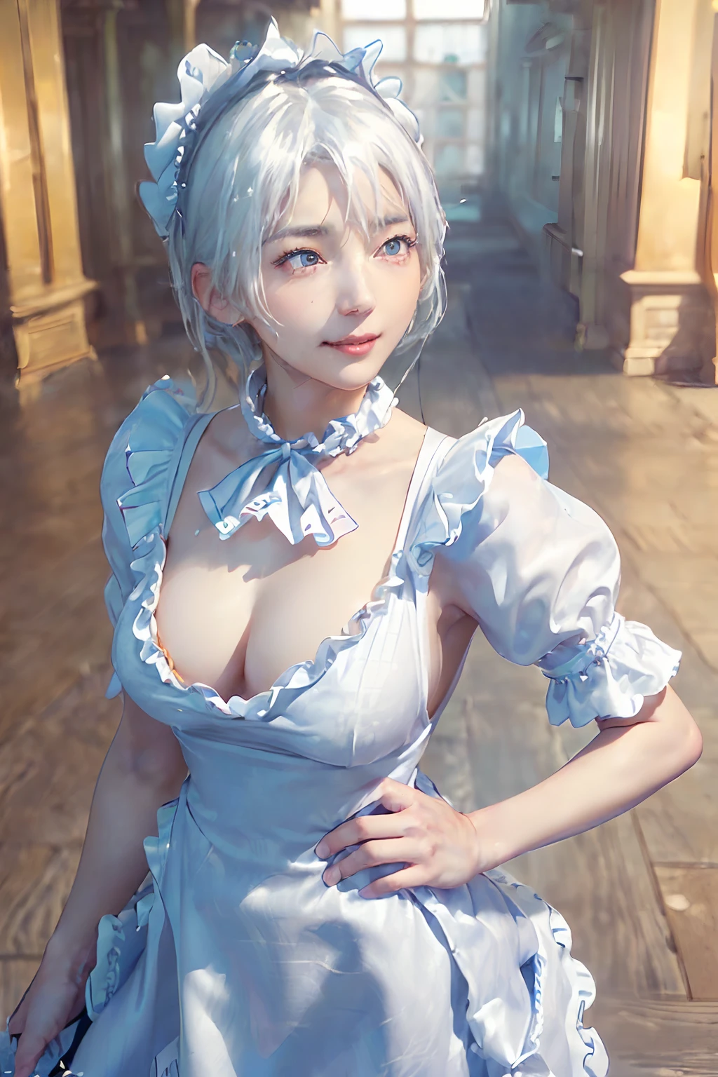 ((top-quality、8K、​masterpiece:1.3)),Clear, Fine-grained skin、Beautiful clear eyes、cleavage of the breast、(Backshots:1.5)、Carefree and natural smile、(Medium bob,white  hair:1.5)、(Hair disheveled in the wind:1.3)、(Cute maid with frills:1.5)、Beautiful girl with a smile、Citizen Pool、(thin-waist:1.3)、(Dynamic and provocative poses:1.2)、